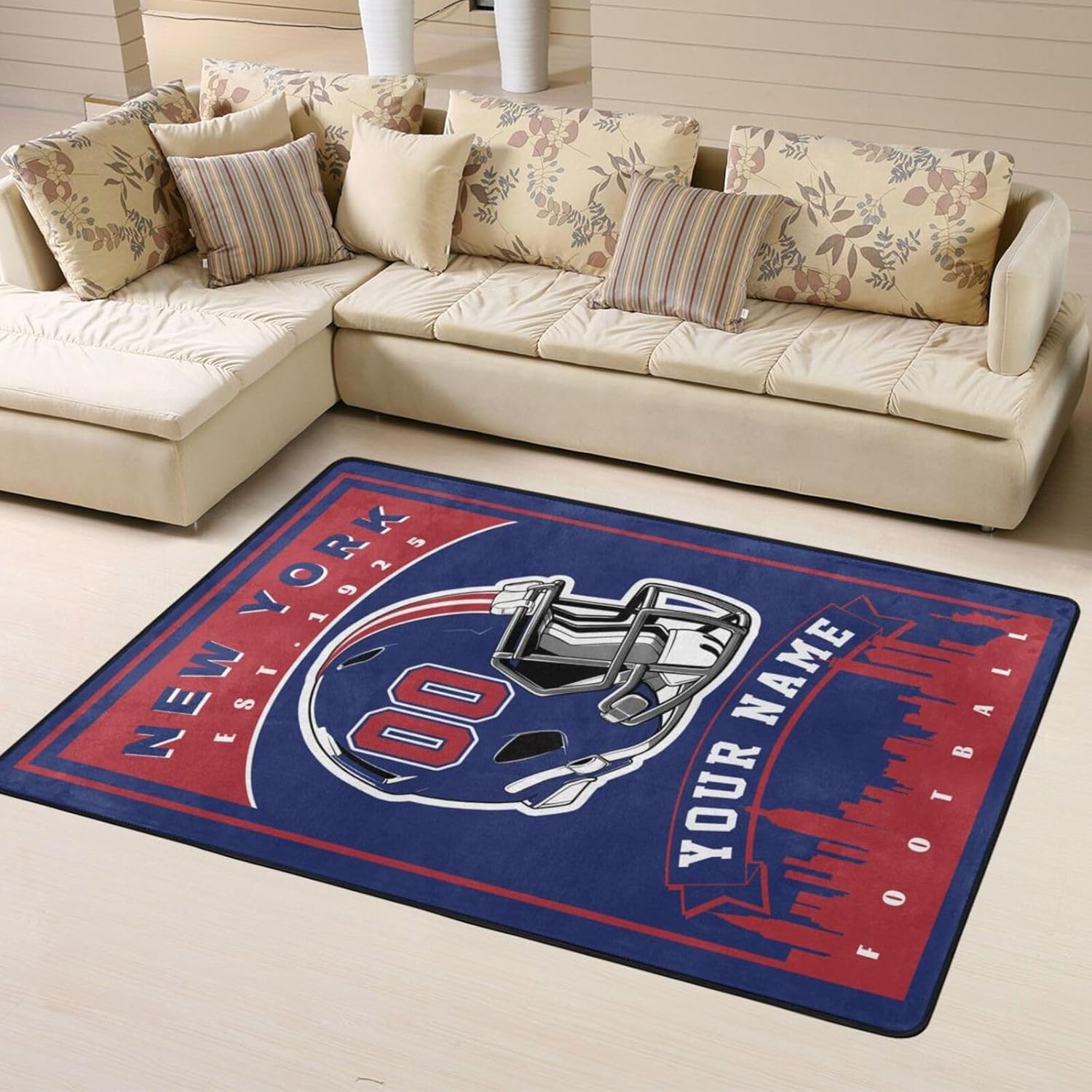 Custom Football Rug, Personalized New York Area Carpet with Name Number, Customized Sports Rugs Gifts for Fans Living Room Bedroom Bathroom Kitchen Office Garden Balcony Decor, Large Size