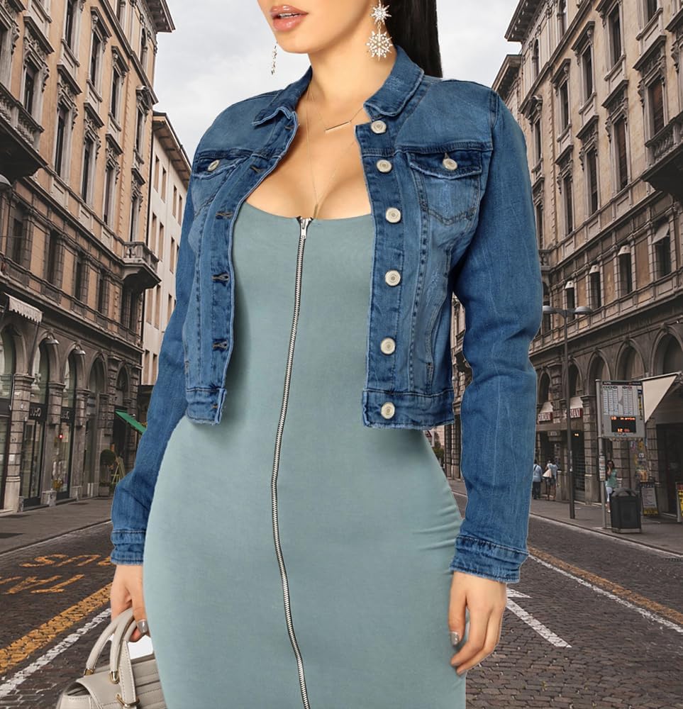 BessCops Denim Jacket for Women Fall Long Sleeve Classic Distressed Butterfly Jean Trucker Jackets - Image 5