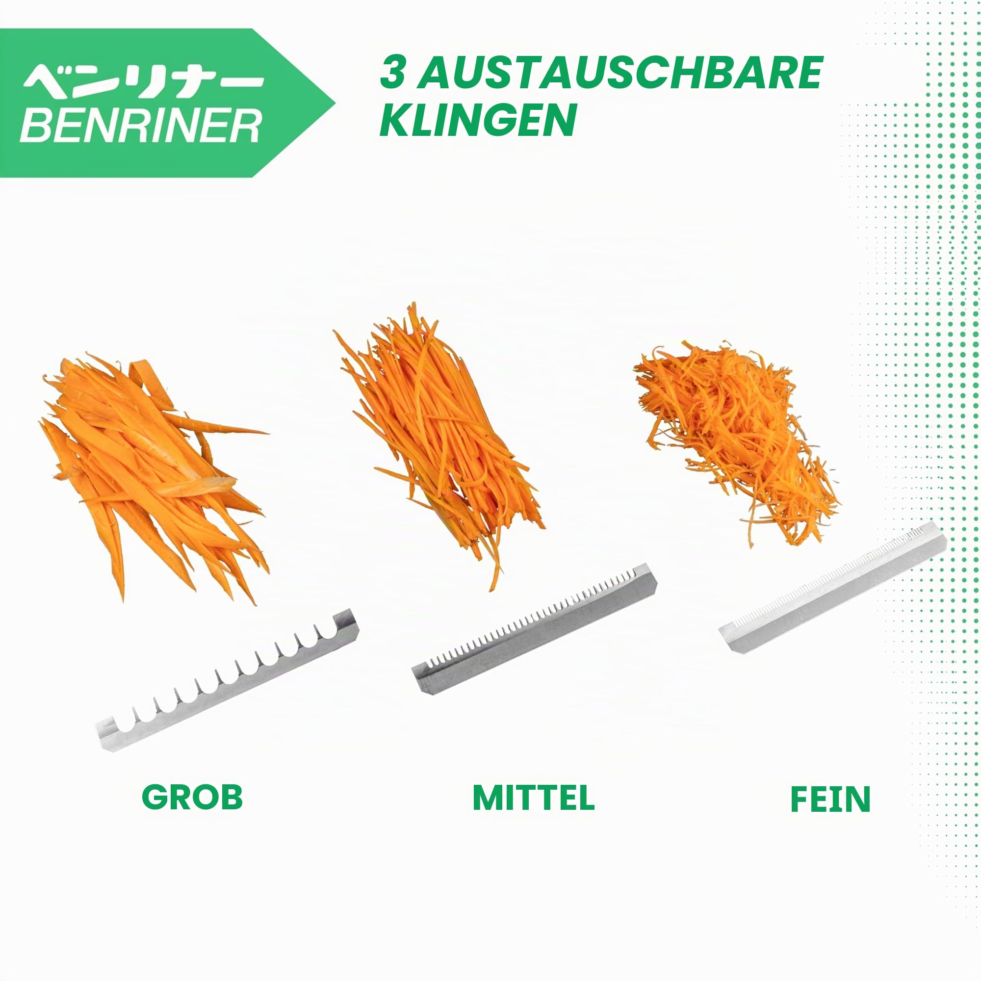 Benriner BN-3GR Japanischer Hand-Mandolinenschneider mit drei austauschbaren Edelstahlklingen, elfenbeinfarben, Gemüseschäler, Obstschneider, Schäler, Edelstahl, Grün, Auffangschale