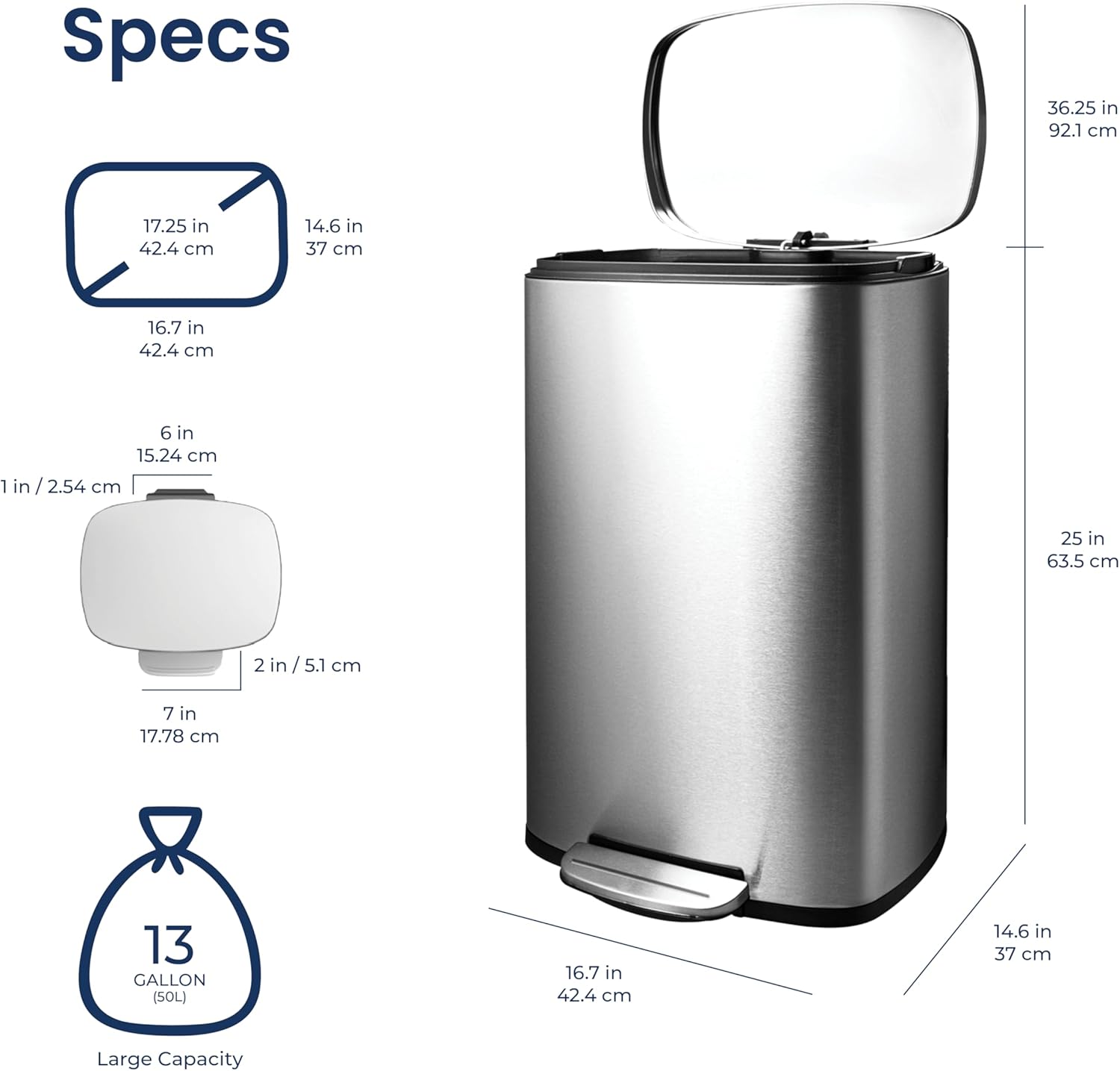 Ninestars SOT-50-8 Step On Trash Can, Large, Silver