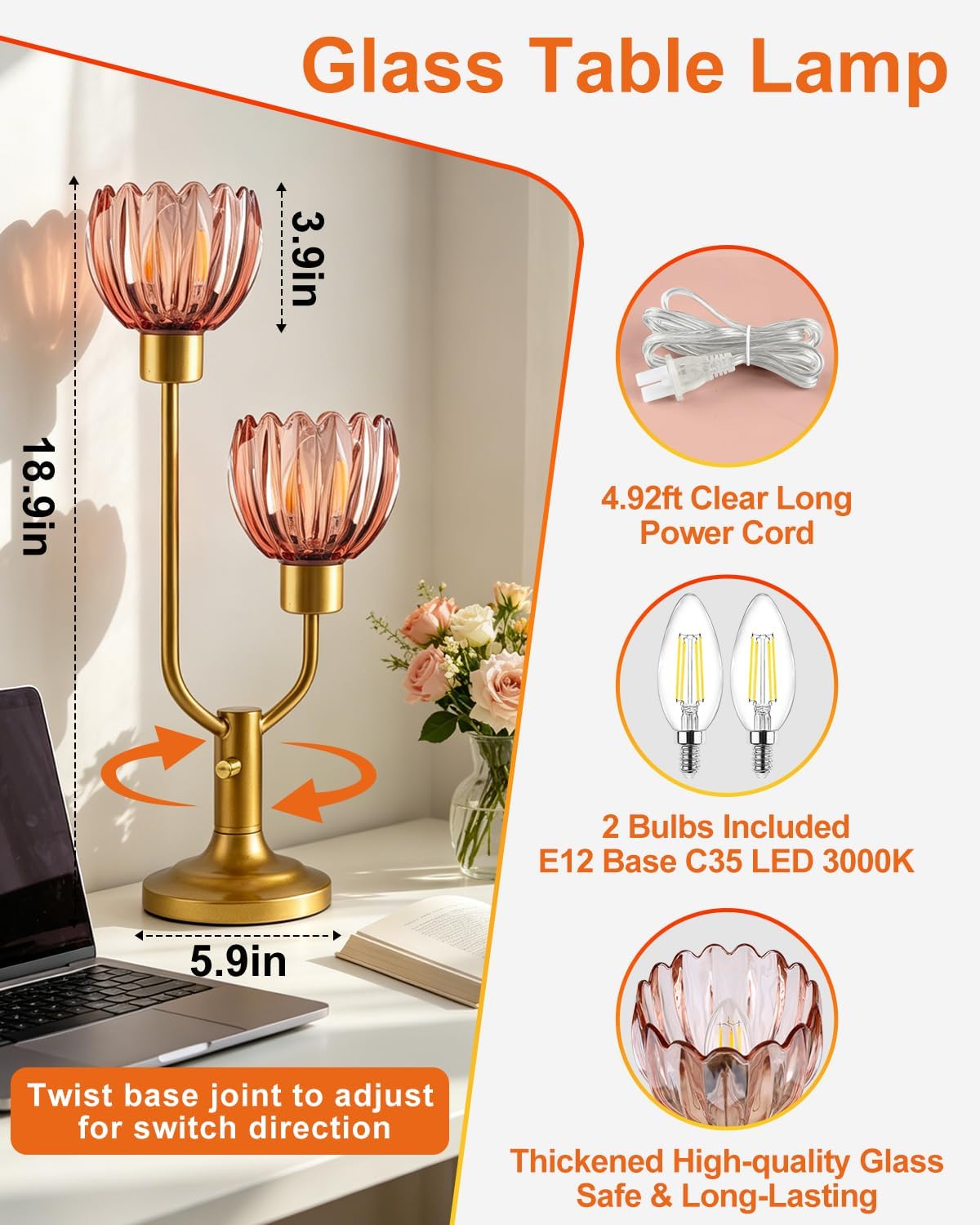 Flower Table Lamp Vintage Pink Glass Lamp Dimmable 2 Bulbs Included image 3