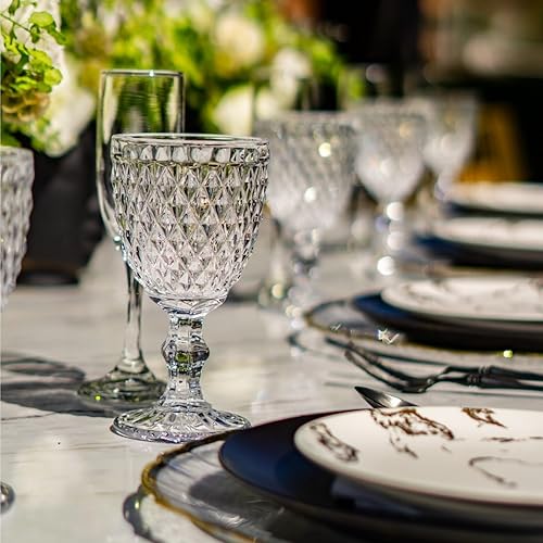 Vista 7 de ZOOFOX Juego de 6 vasos de copa de agua, copas de vino de tallo de 10 onzas con diseño en relieve, cristalería vintage para aniversario, boda
