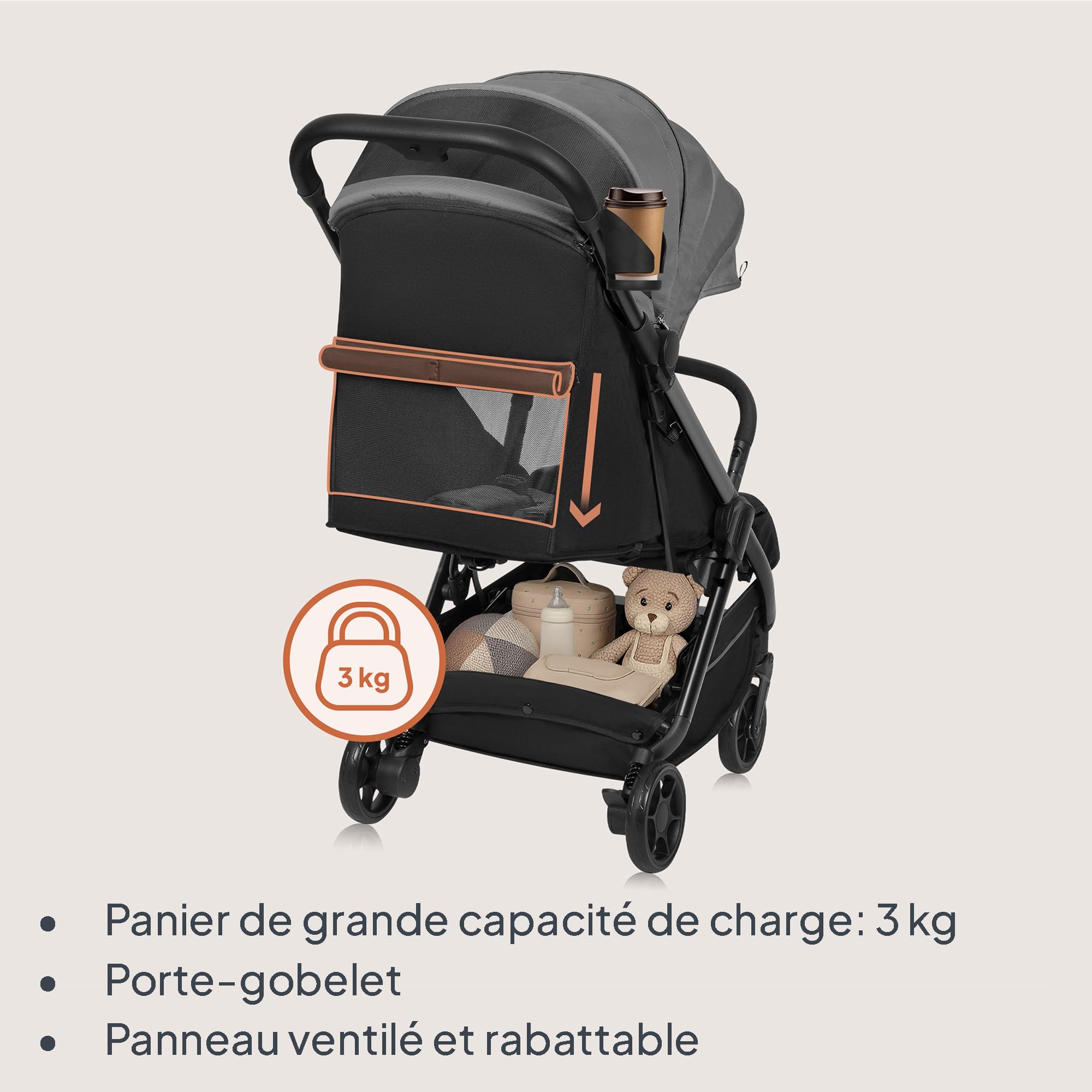 LIONELO Julie Air Poussette Canne jusqu'à 22 kg de 6 m à 4 ans Pour Avion Roues pivotantes à 360 ° Suspension Pliage avec Une Main Réglage du Dossier Canopy UPF50+, Légère (Grey)