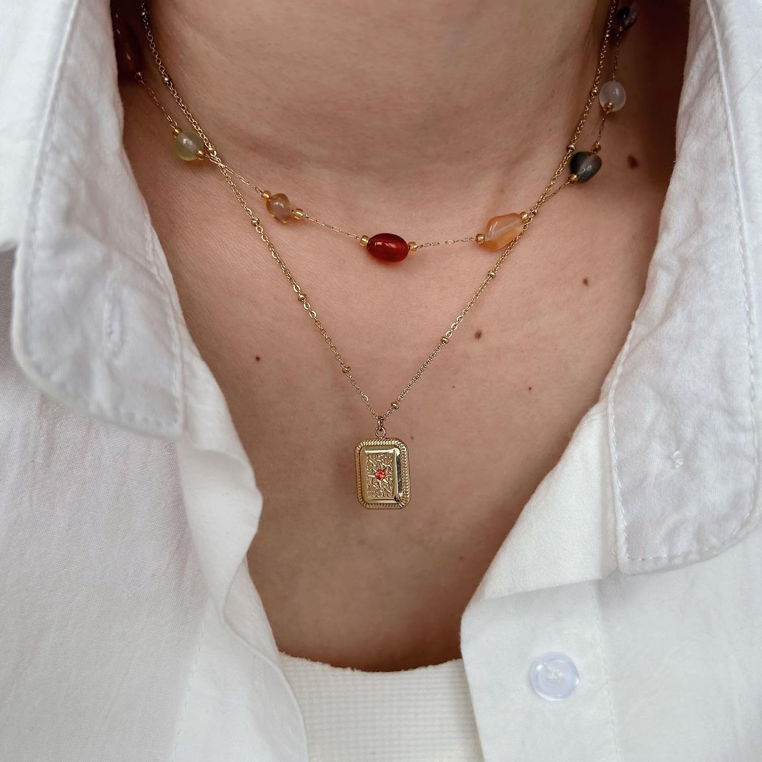 Fashion Versatile Stainless Steel 18K Gold Plated Pink Zircon Love Lock Square Pendant Star Gold Necklace Natural Stone Beads Jewelry