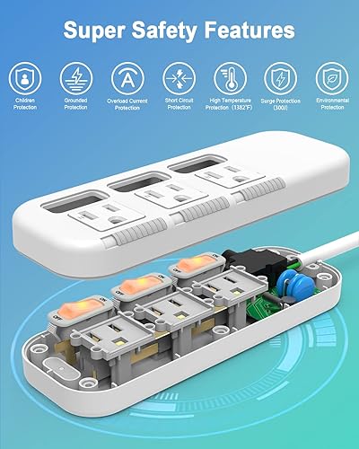 Miniatura 2 de Regleta de alimentación de enchufe plano, interruptores individuales, cable de extensión de 6 pies, 3 tomacorrientes, protector de sobretensiones