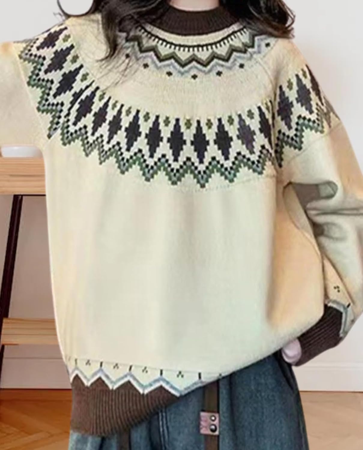 Fair Isle Sweater for Womens Winter Long Sleeve Vintage Knitted Sweater Casual Fall Crew Neck Pullover Sweaters - Image 2