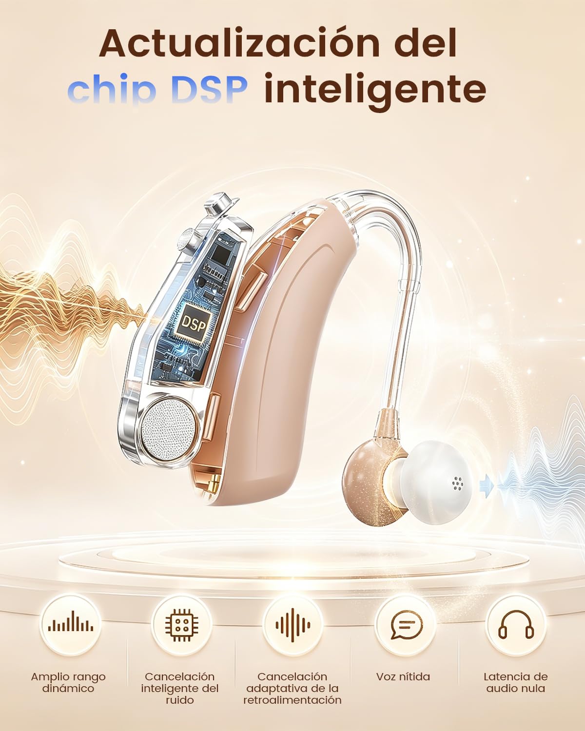 Dispositivo de sonido recargable para adultos: 48 horas de batería, carga rápida por USB-C y un diseño ligero y discreto
