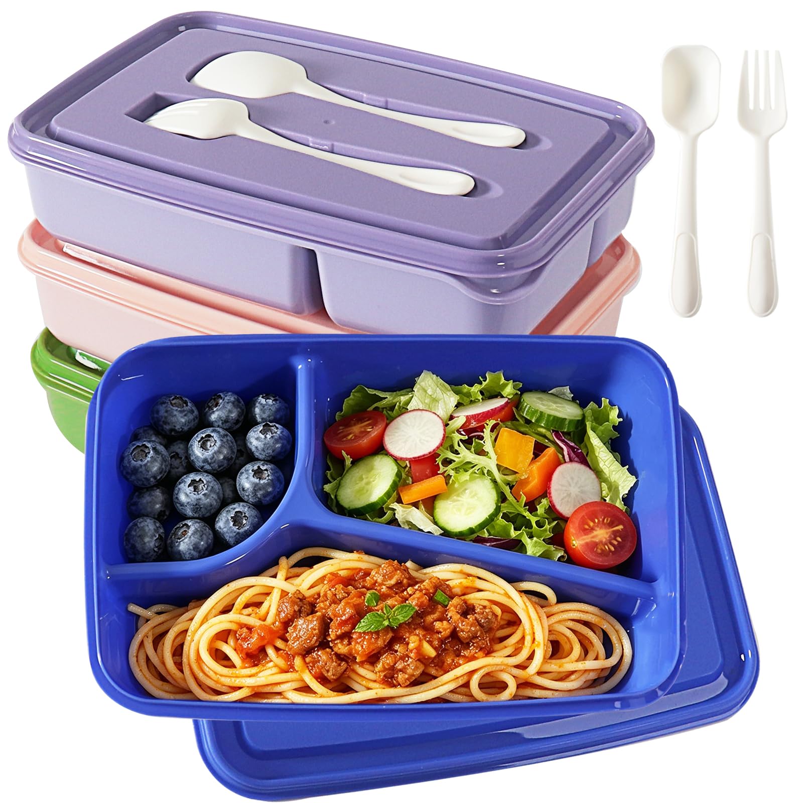 Meal Prep Containers, 4 Pack 3 Compartments Bento Lunch Box | Food Storage Containers With Lids, Stackable Snack Boxes for School, Work, and Travel, Microwave & Dishwasher Safe