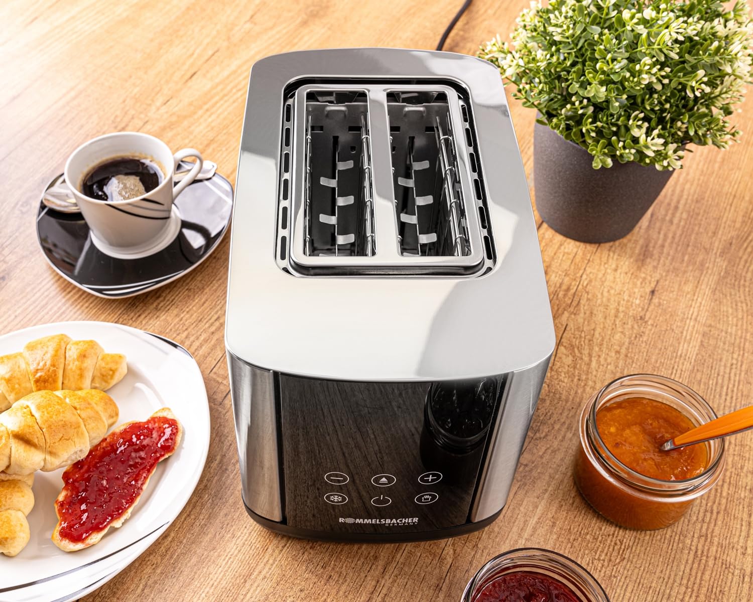 ROMMELSBACHER TOASTER TO 850, 2 ampie fessure per pane fino a XL toast, centraggio automatico del pane, display LED, indicatore conto alla rovescia, 9 livelli, scongelamento, inserto per panini,