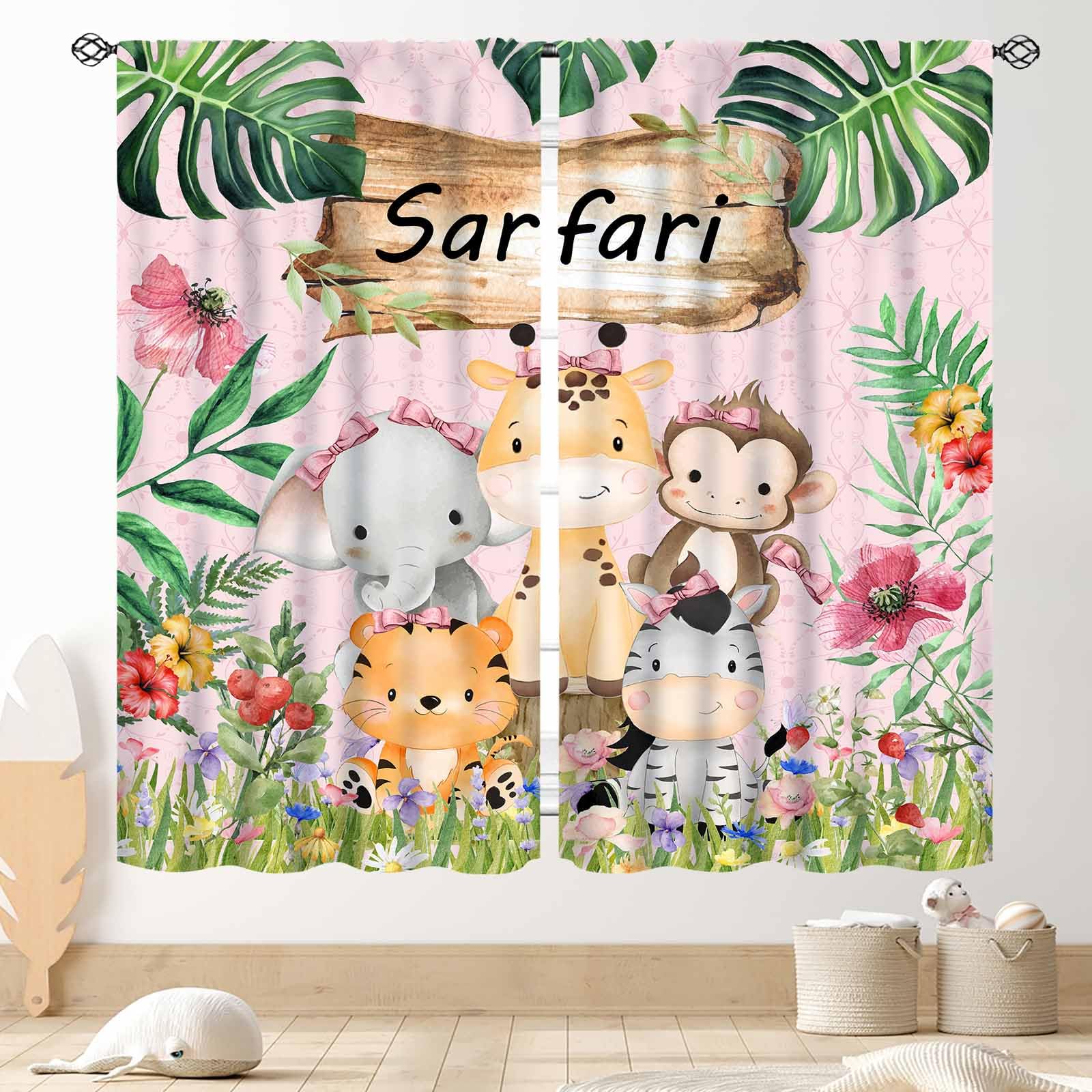 Tkuyo Boys Safari Animals-02 Kids Safari Animals Curtains, Cartoon Giraffe Elephant Monkey Woodland Jungle Tropical Leaf Pink Window Curtains For Girls Baby Living Room Bedroom Nursery Classroom 2 Panels, 84"X63" Inch