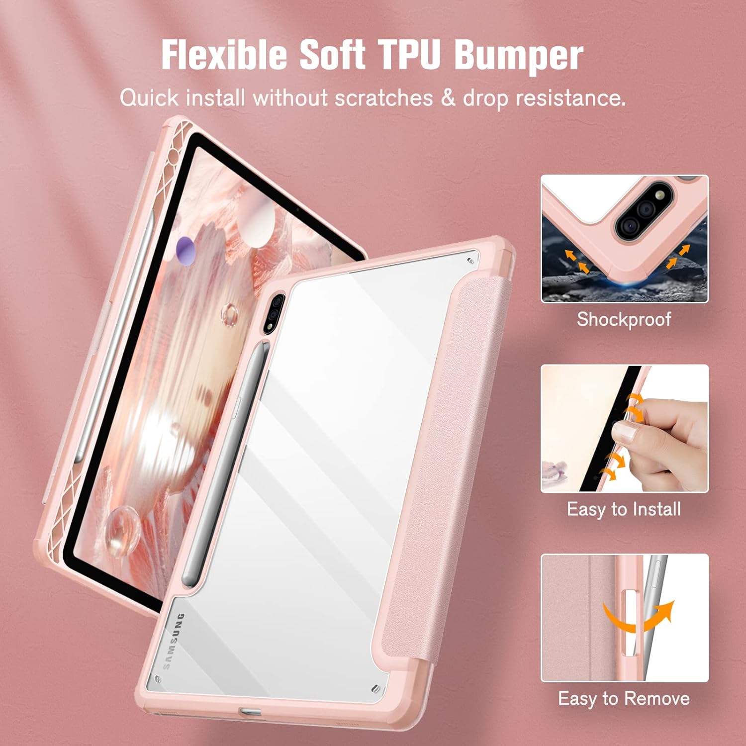 Fintie Hybrid Slim Case for Samsung Galaxy Tab S8/Tab S7 11 inch (Model SM-X700/X706/T870/T875/T878) with S Pen Holder, Shockproof Cover with Clear Transparent Back Shell, Auto Wake/Sleep, Rose Gold : Electronics