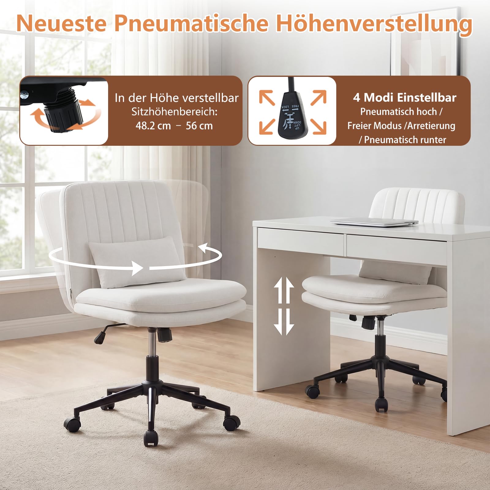 Bürostuhl ohne Armlehne ergonomisch, Schreibtischstuhl mit Rollen, für Schneidersitz, 360° drehbarer & höhenverstellbarer Drehstuhl für Home Office, Schminktisch (Chenille, Weiß)