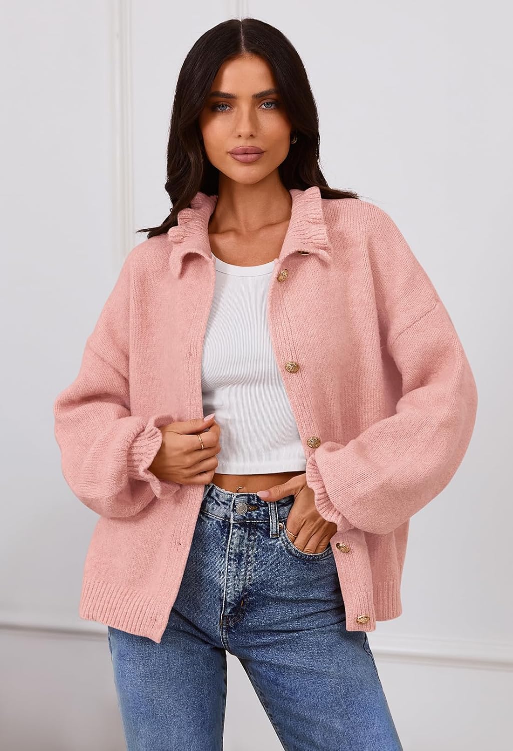 MEROKEETY Women's Fall 2026 Chunky Cardigan Sweaters Trendy Ruffle Button Down Long Sleeve Casual Knit Coat Winter Clothes - Image 2