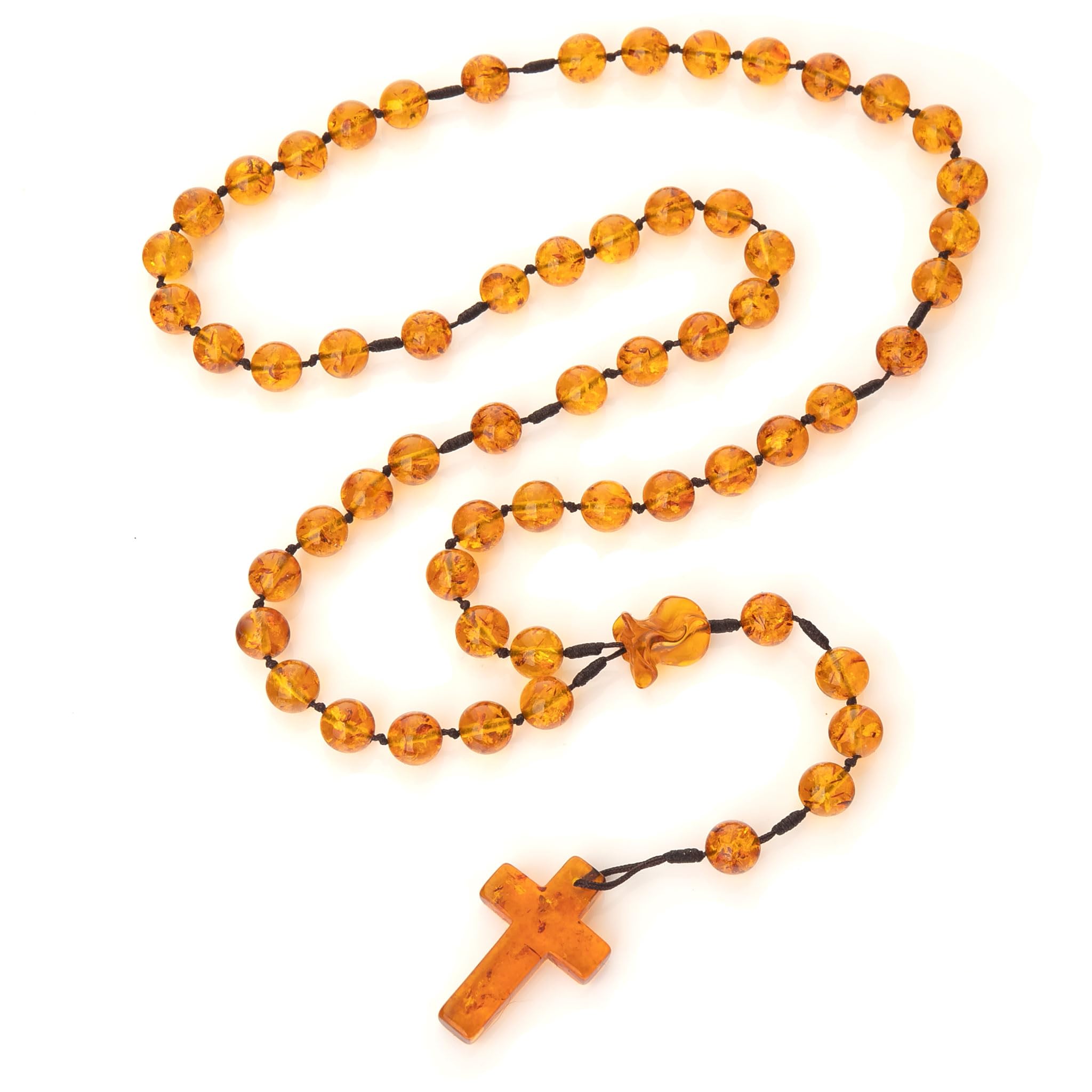 Collar hecho a mano – Rosario de ámbar báltico – Conector en forma de rosa – Regalo ideal para católicos o cristianos.