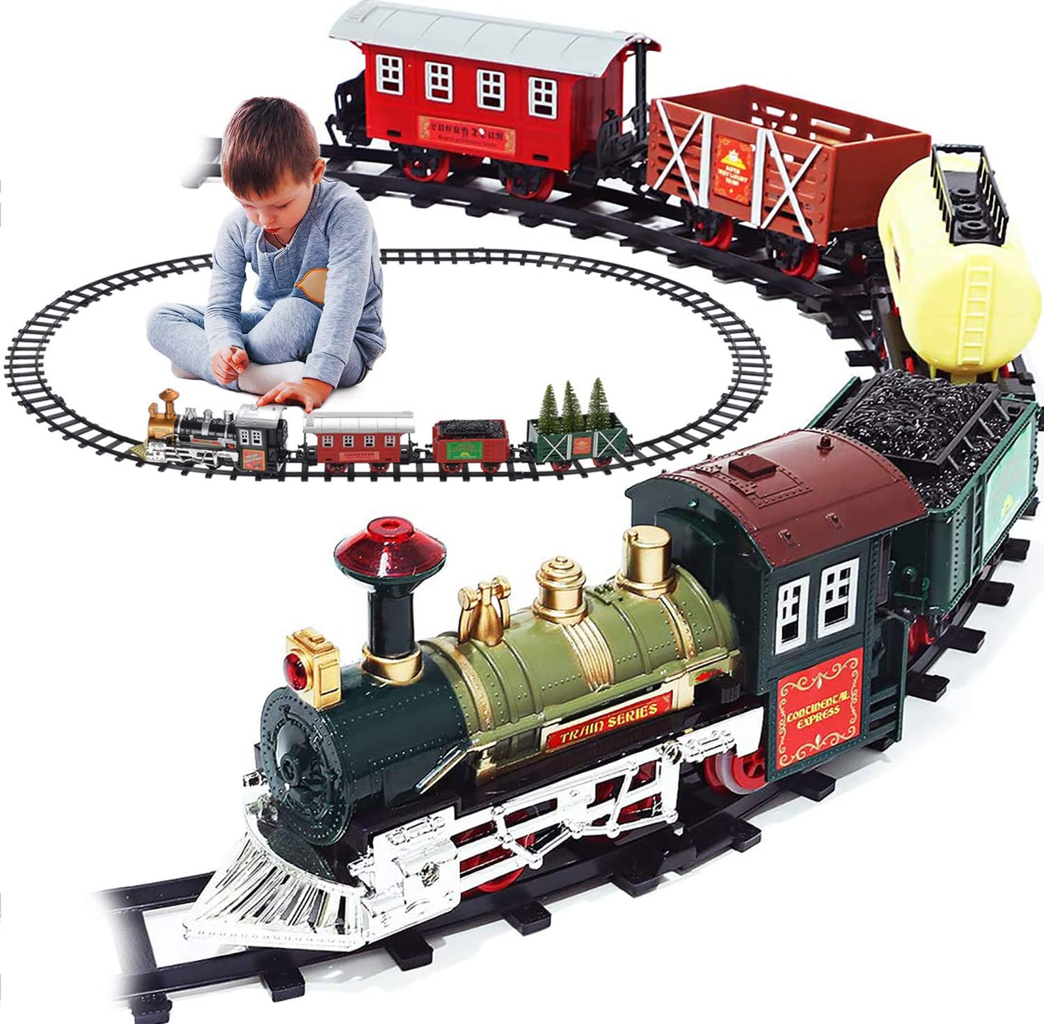 Christmas Train Set Around Under The Christmas Tree with Light & Sound, Carriages, Tracks, Decoration Gift for Kids