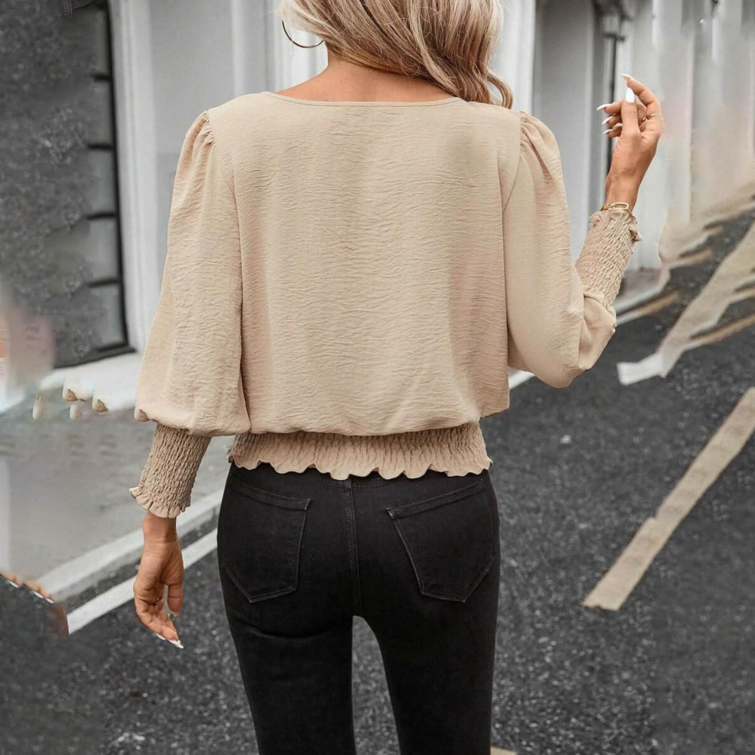 Banded Bottom Tops Women Smocked Shirts Elastic Cinched Waist Dressy Blouses 3/4 Length Sleeve Casual Business Outfits