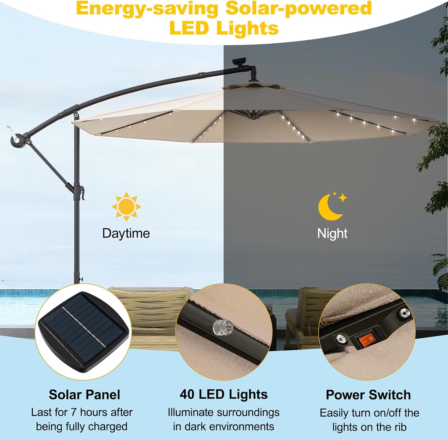 TANGZON 10 FT/3M Outdoor Cantilever Umbrella with 32 LED Lights, Garden Parasol with 8 Sturdy Ribs, Easy Tilt Mechanism, Steel Base, Patio Market Offset Umbrella for Backyard Pool Lawn