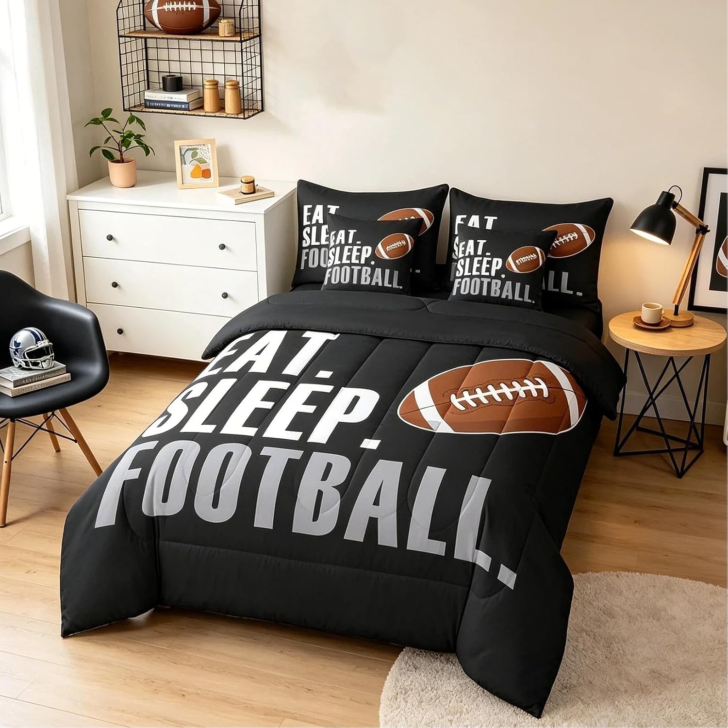 Feelyou Football Comforter Set with Sheets Full Size Rugby Sports 7 Pieces Bedding Set for Kids Boys Girls Teens Black Sports Ball Game Bed in a Bag Gift for Football Lover Bed Set