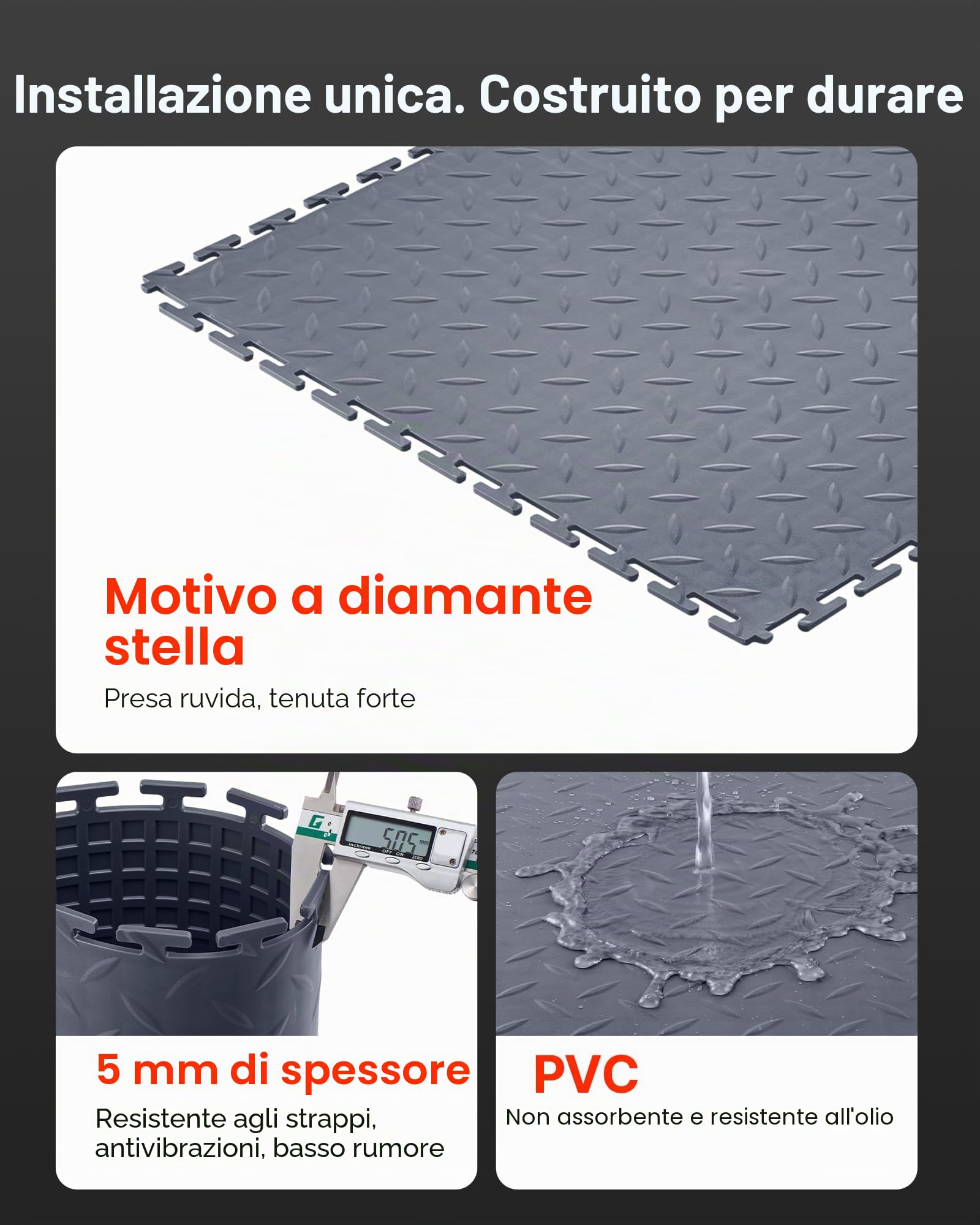 VEVOR Piastrelle per Pavimenti da Garage, Confezione da 8 Piastrelle Modulari a Incastro da 513 x 513 x 5 mm, Tappetini Antiscivolo in PVC con Piastra Diamantata per Officina, Grigio Grafite