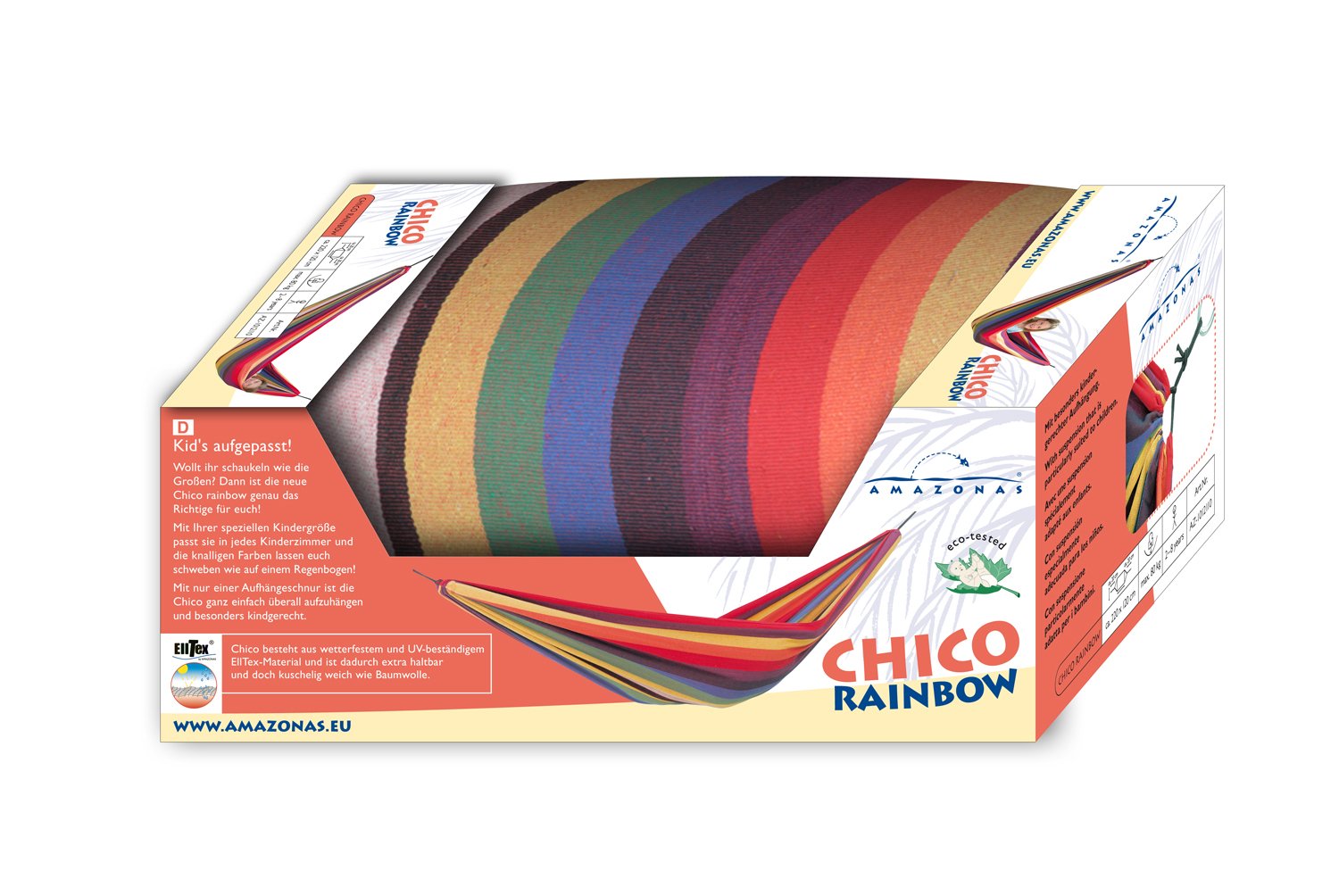 AMAZONAS Kinderhängematte Chico 220 x 120 cm bis max. 80 kg in Regenbogenfarben & Stabiler Wandhaken mit Karabiner für Hängematten Easy+ bis 200kg