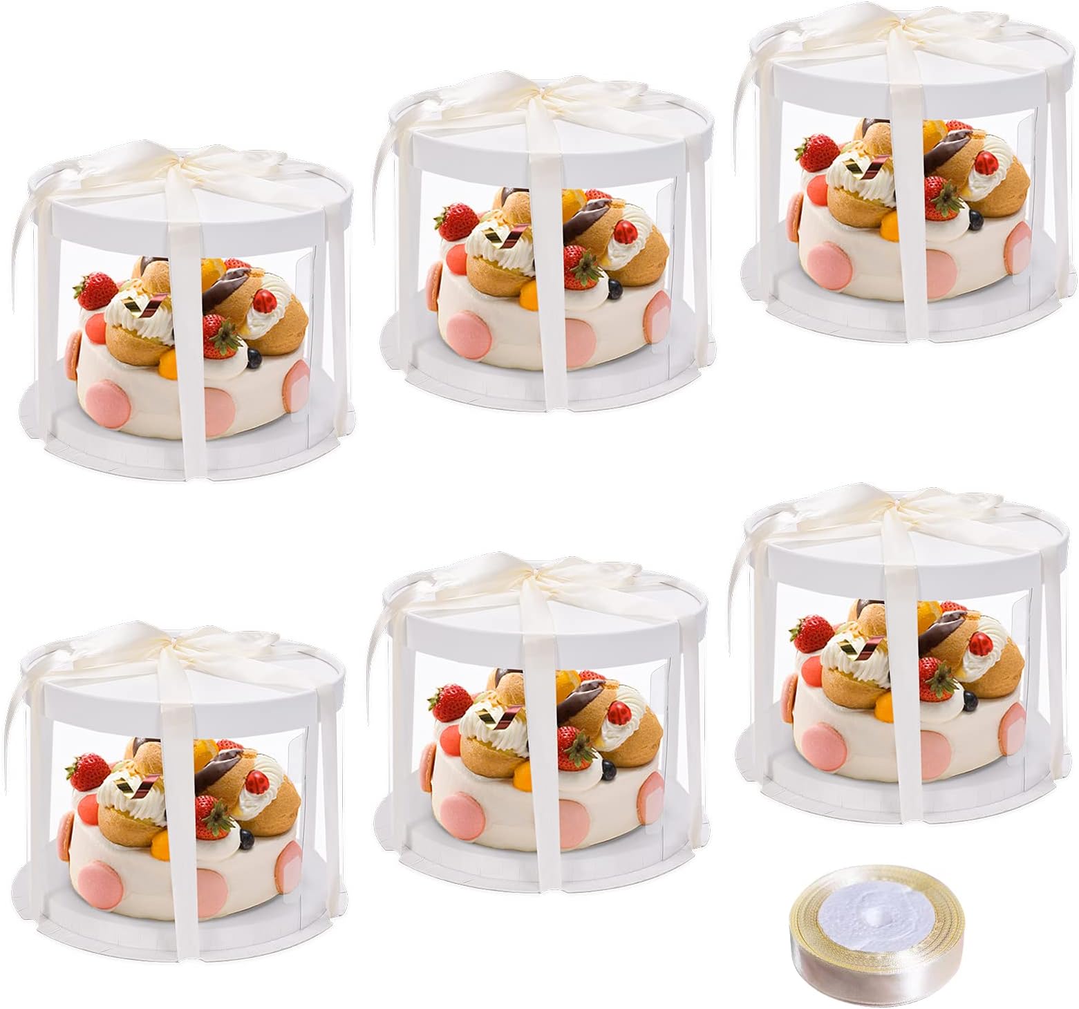 Panghuhu88 6pcs Clear Cake Boxes 8x8x6inch Round Bakery Boxes Clear Gift Boxes Tall Cake Box with ribbons for Cookies, Pie, Cupcakes,Flowers, Dolls