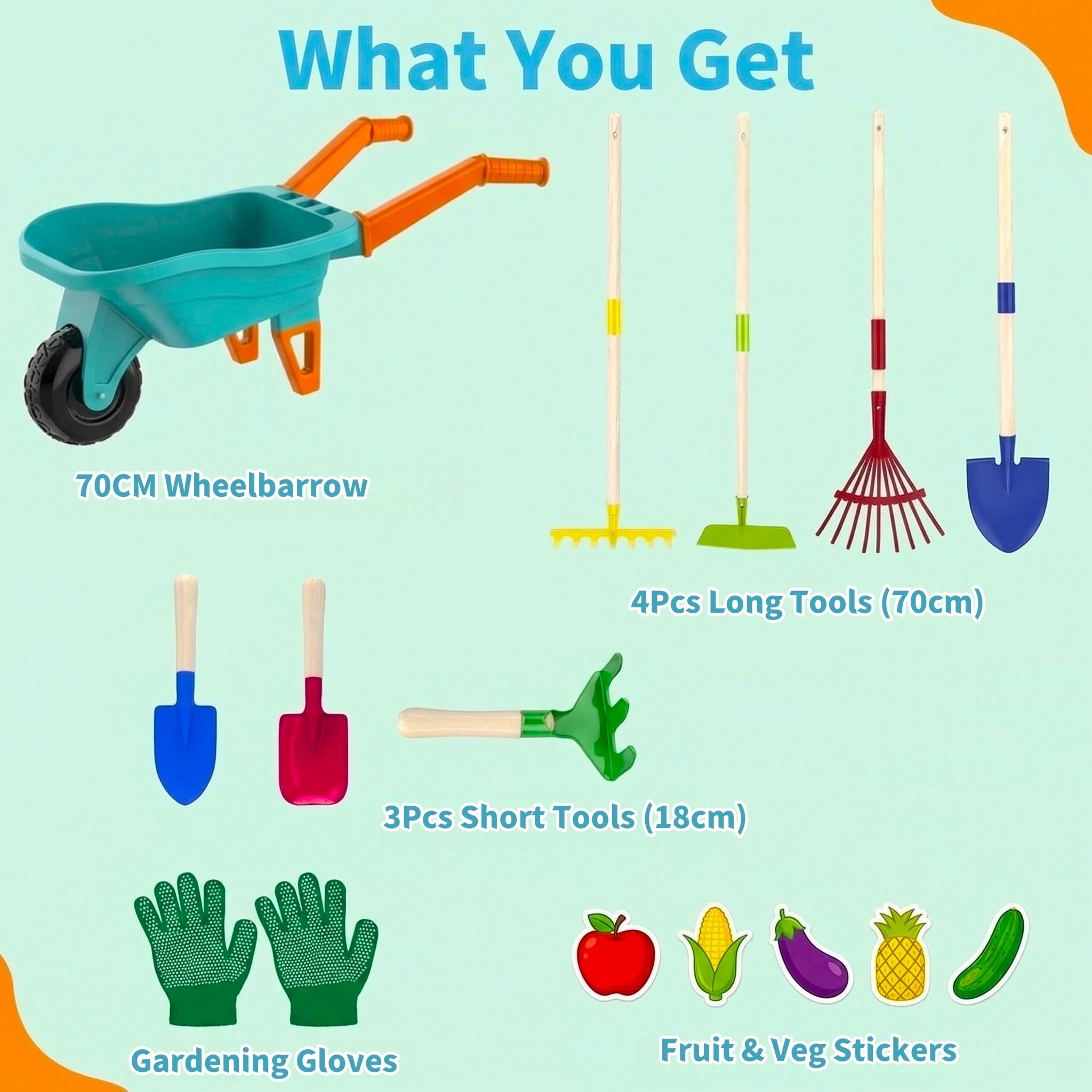 LATERN Juego de Herramientas de Jardinería para Niños, 70CM Carretilla con 70CM Metálica Pala Rastrillo Azada Hojas Rastrillo 20CM Pala Rastrillo Guantes para Exteriores Jardín Patio Césped Excavación