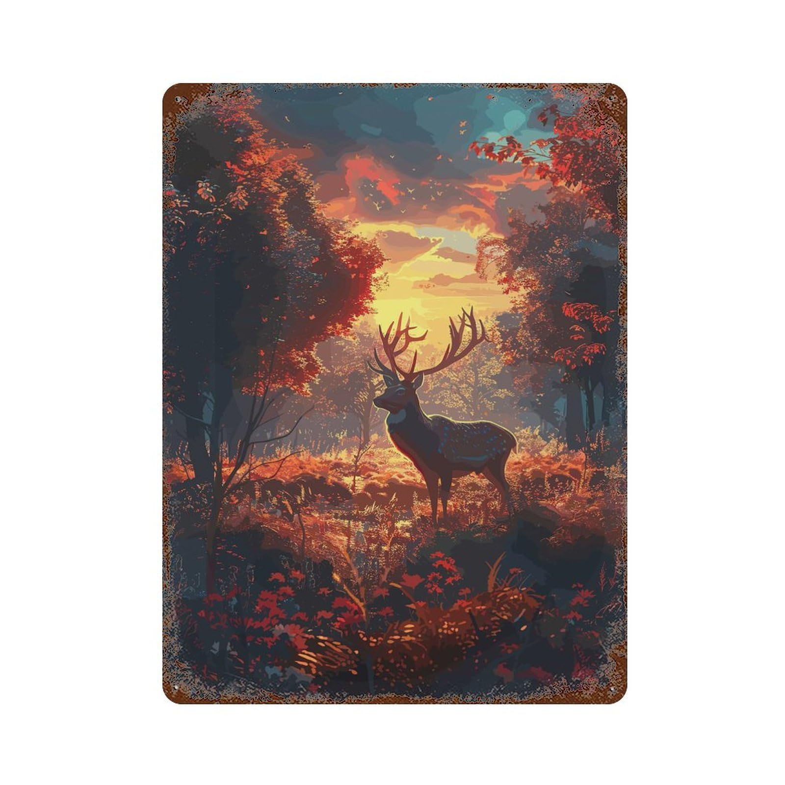 Deer Forest Sunset Vintage Metal Tin Sign 15.7"x11.8", Ideal for Living Room, Hallway And Home Decor