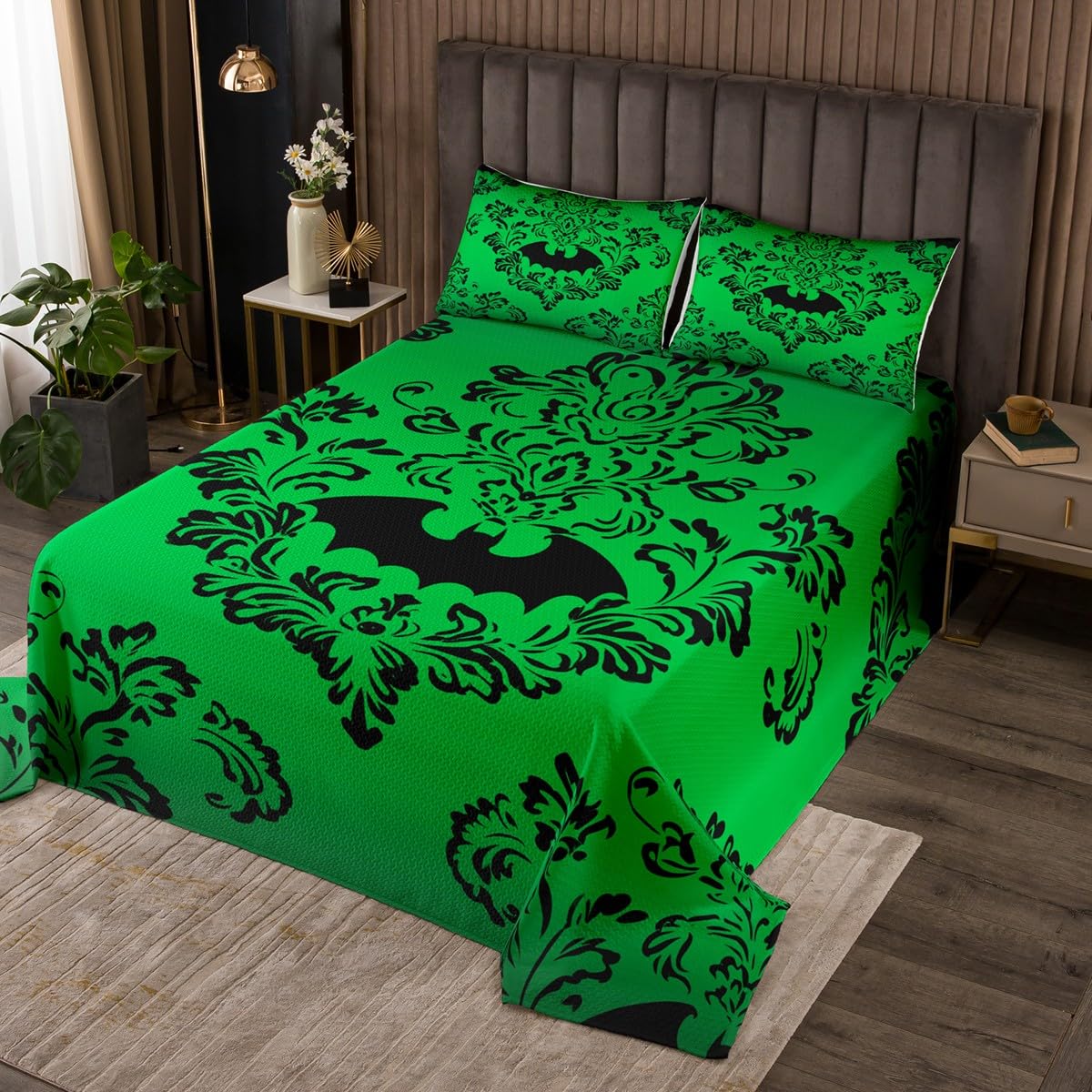 Castle Fairy Victorian Animals Halloween Bedspread Queen Size Bedding for Teens Living Room Ombre Floral Bat Decor Coverlet Set Green Jacquard Damask Quilt Set for All Season,3 Pcs with 2 Pillowcases
