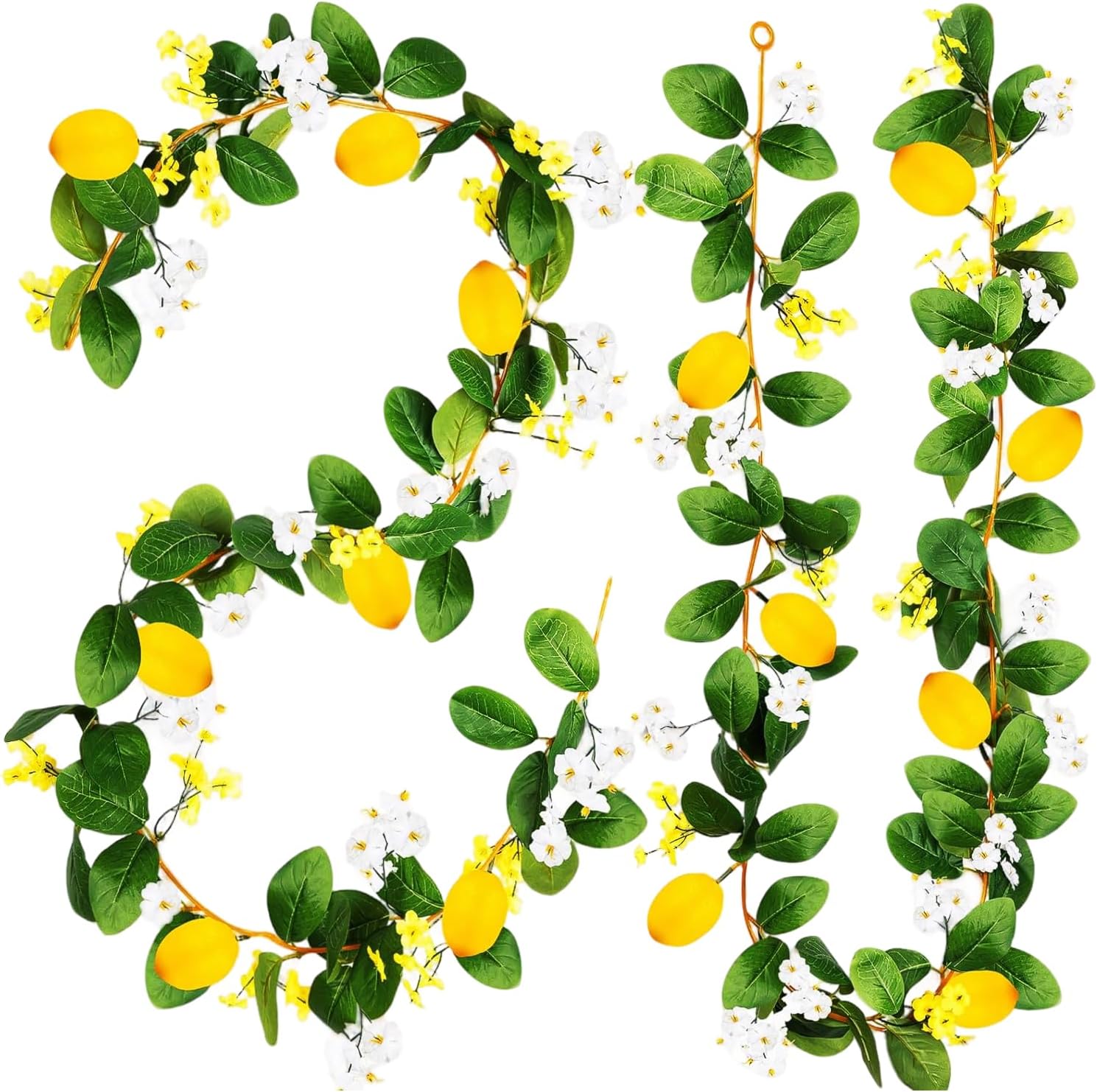 4PCS Artificial Lemon Garland (24Ft Total), Faux Fruit Vine with Greenery for Wedding Party, Wall Mantle Table Decor, Spring Summer Kitchen Door Decoration