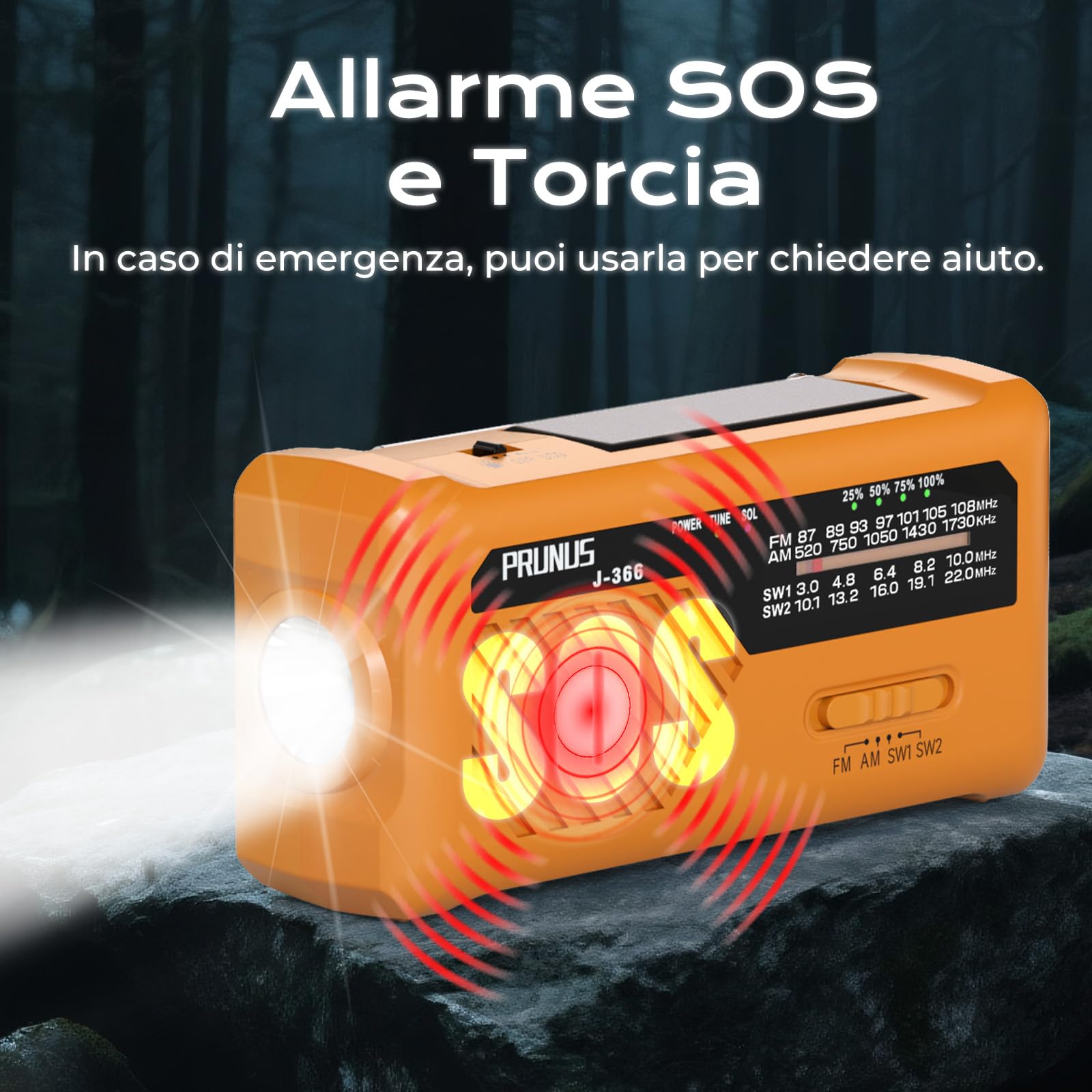PRUNUS J-366 Radio Portatile Emergenza FM AM SW, 2000 mAh Power Bank con Allarme SOS e Torcia (Giallo)