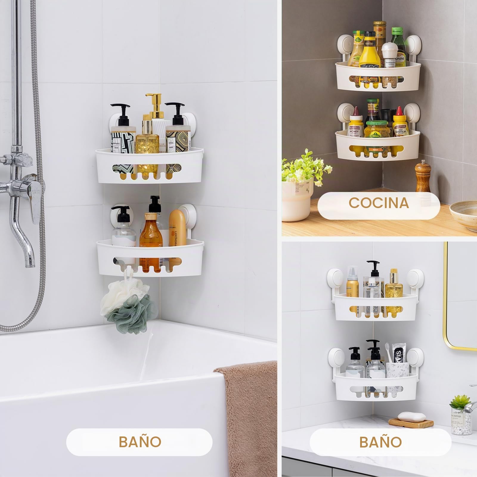 LEVERLOC Ventosas de Vacío Estantería de Ducha sin Taladrar Estantería de Esquina para Baño y Cocina Extraíble MAX Hold 10KG Estanteria Baño Ducha Rinconera Impermeable Estante Ducha, 2 Unidades