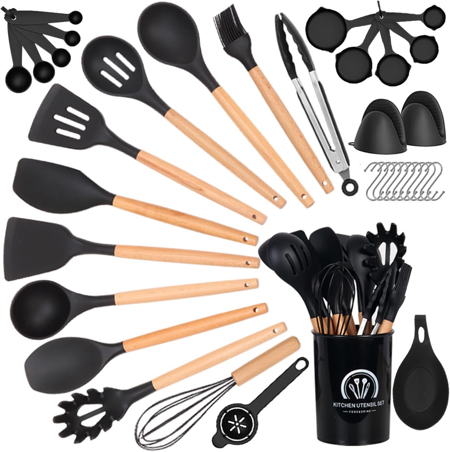 Kitchen Cooking Utensils Set 36 Pcs Non-Stick Utensils Spatula Set with Holder Silicone Kitchenware Set Dishwasher Safe with Wooden Handle Kitchen Gadgets Set for Non-Stick Cookware, Black