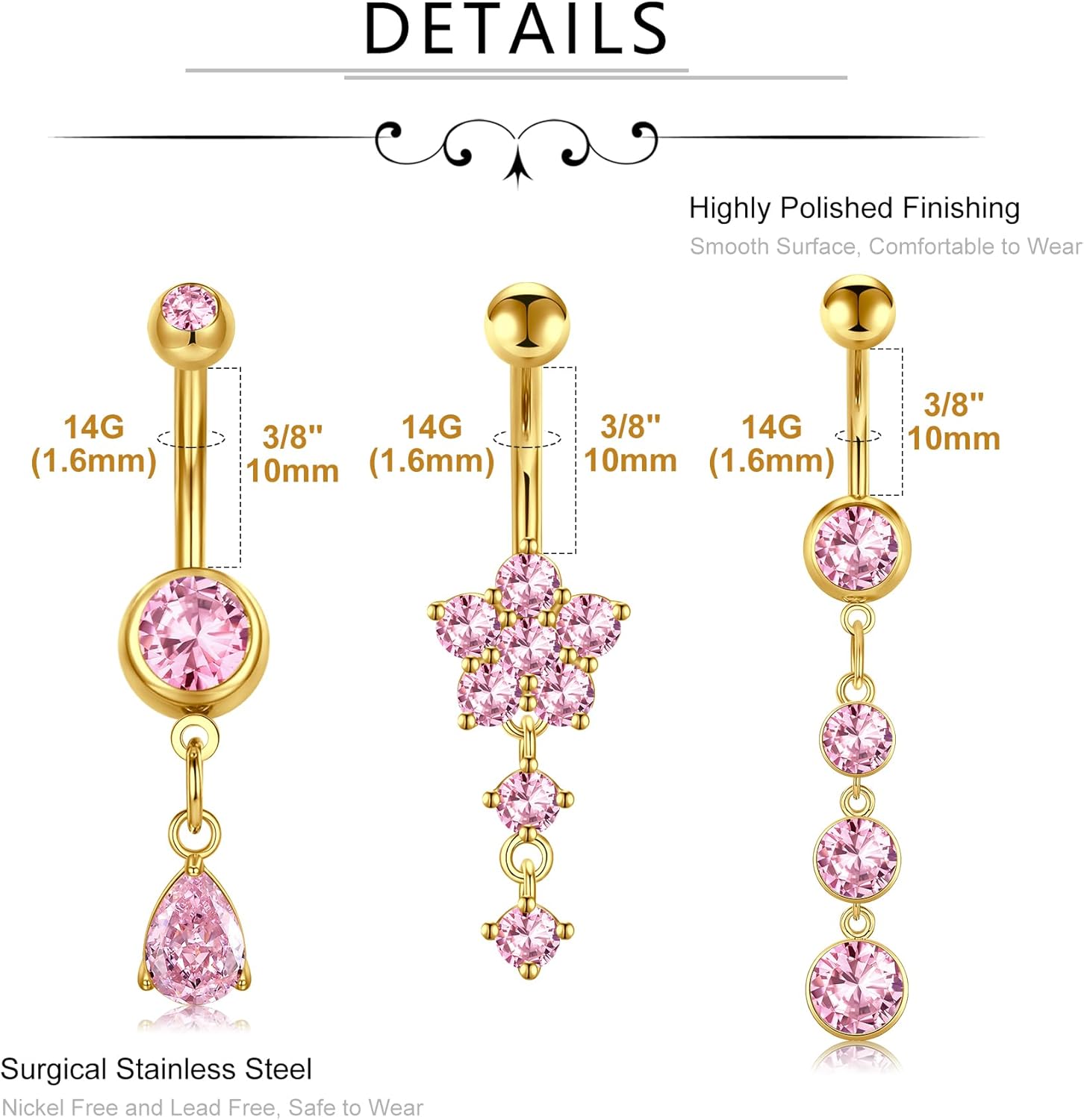 MODRSA Dangle Belly Button Ring Dangling Silver Gold Dangly Belly Piercing Jewelry Hypoallergenic Surgical Steel Butterfly Flower Navel Rings for Women Clicker Navel Piercings Pink - Image 2