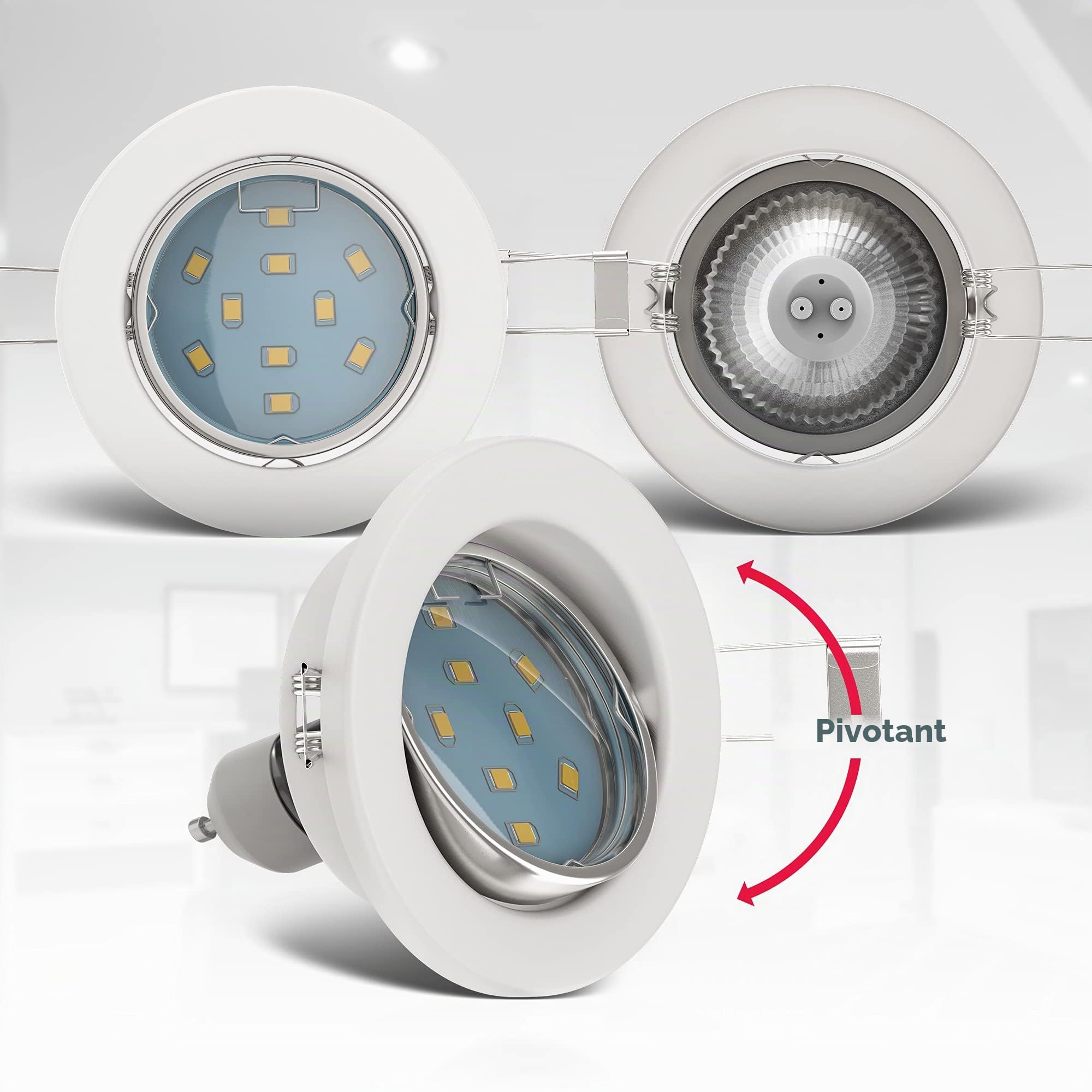 B.K.Licht lot de 6 spots LED encastrables orientables blancs, 6 ampoules LED GU10 incluses, éclairage plafond LED intérieur, lumière blanche chaude, 230V, IP23, 6x3W
