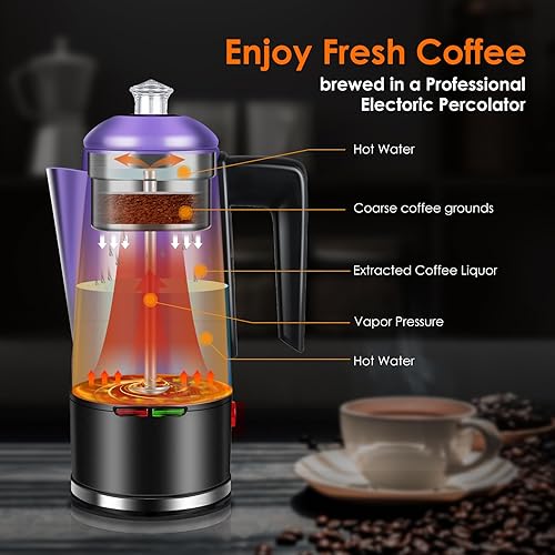 Miniatura 4 de HOMOKUS Percolador de café eléctrico de 12 tazas Percolator Cafetera de acero inoxidable con perilla transparente, mango de tacto frío, función de