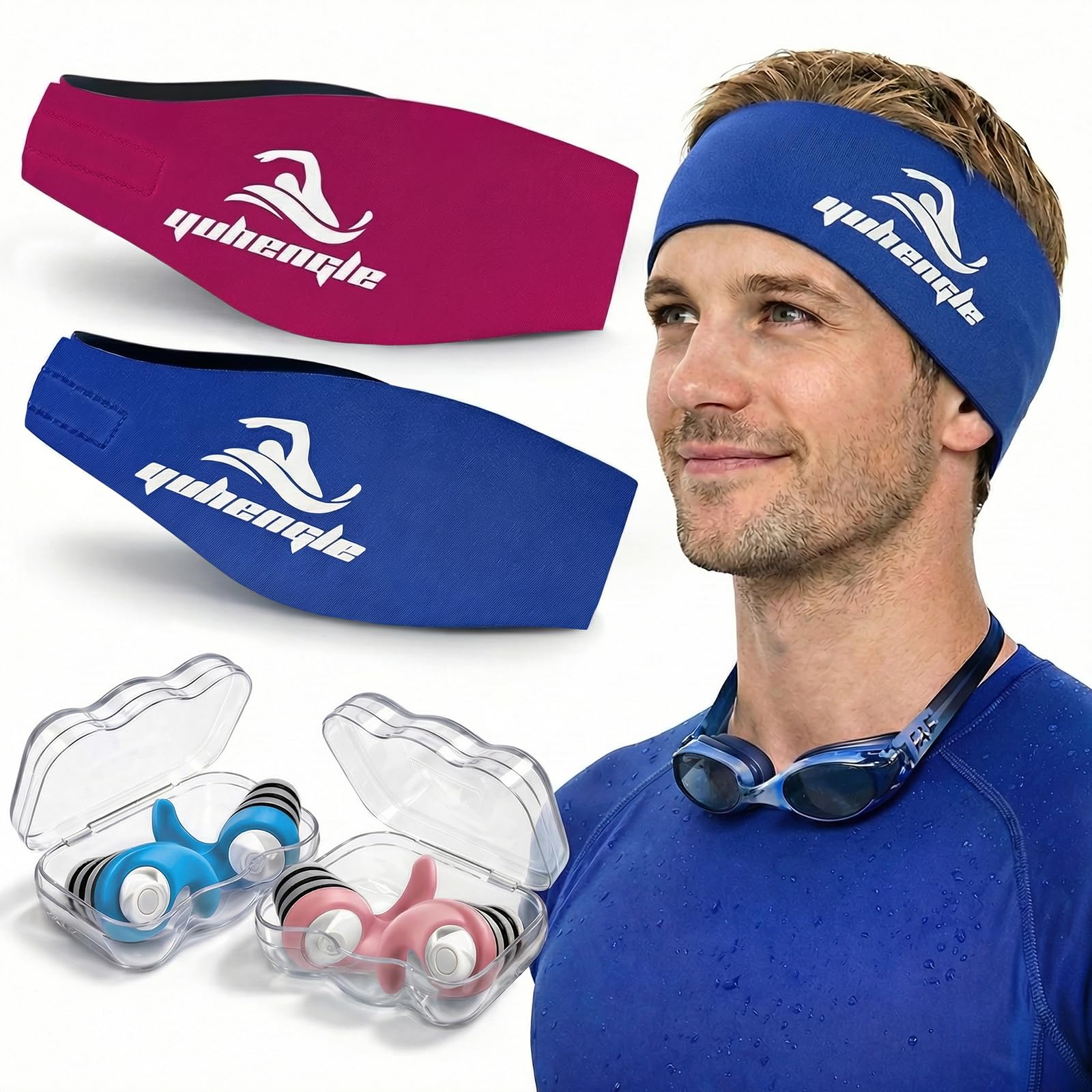 2 Pairs Swimming Headband with Earplugs - Adjustable Water Headband & Silicone for Adults,Keep Water Out and Hold Earplugs in - Swim Ear Band for Surfing, Diving, Pool, and Sports