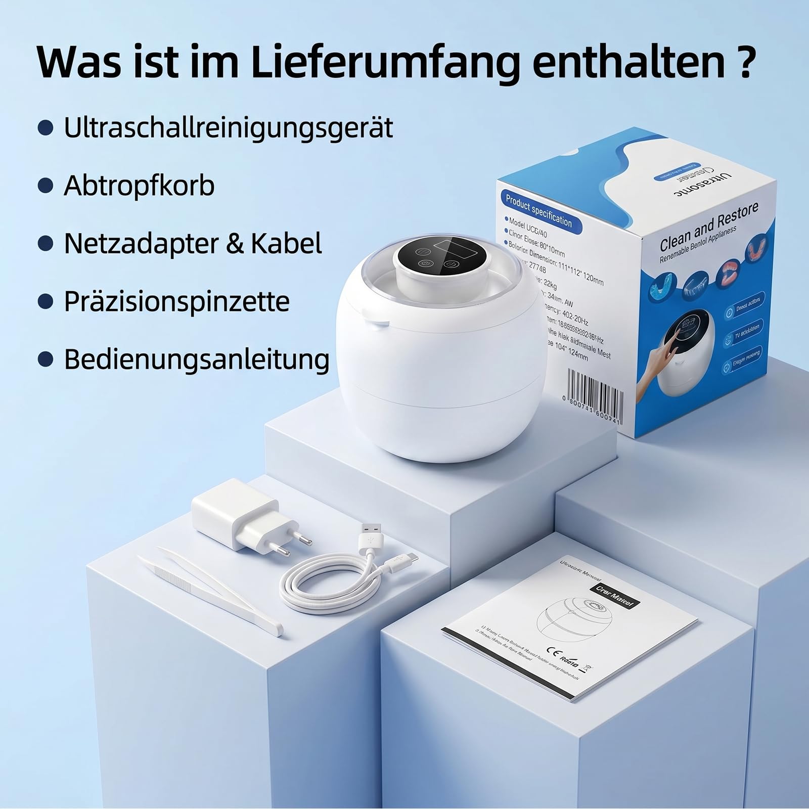 Ultraschallreinigungsgerät 45000Hz UV und 24W, aufladbarer Ultraschallreiniger mit 4 Modi – für Zahnersatz, Retainer, Aligner, Zahnschienen, Prothesen und Schmuck, inkl. digitalem Timer