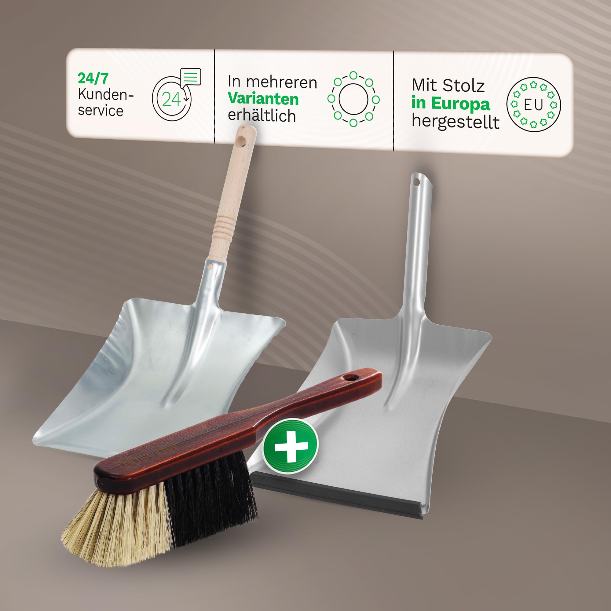 Novaliv Set di 4 palette per scopa a mano, in legno laccato marrone, con manico in gomma, spazzola in gomma, setole morbide, set di paletta e paletta