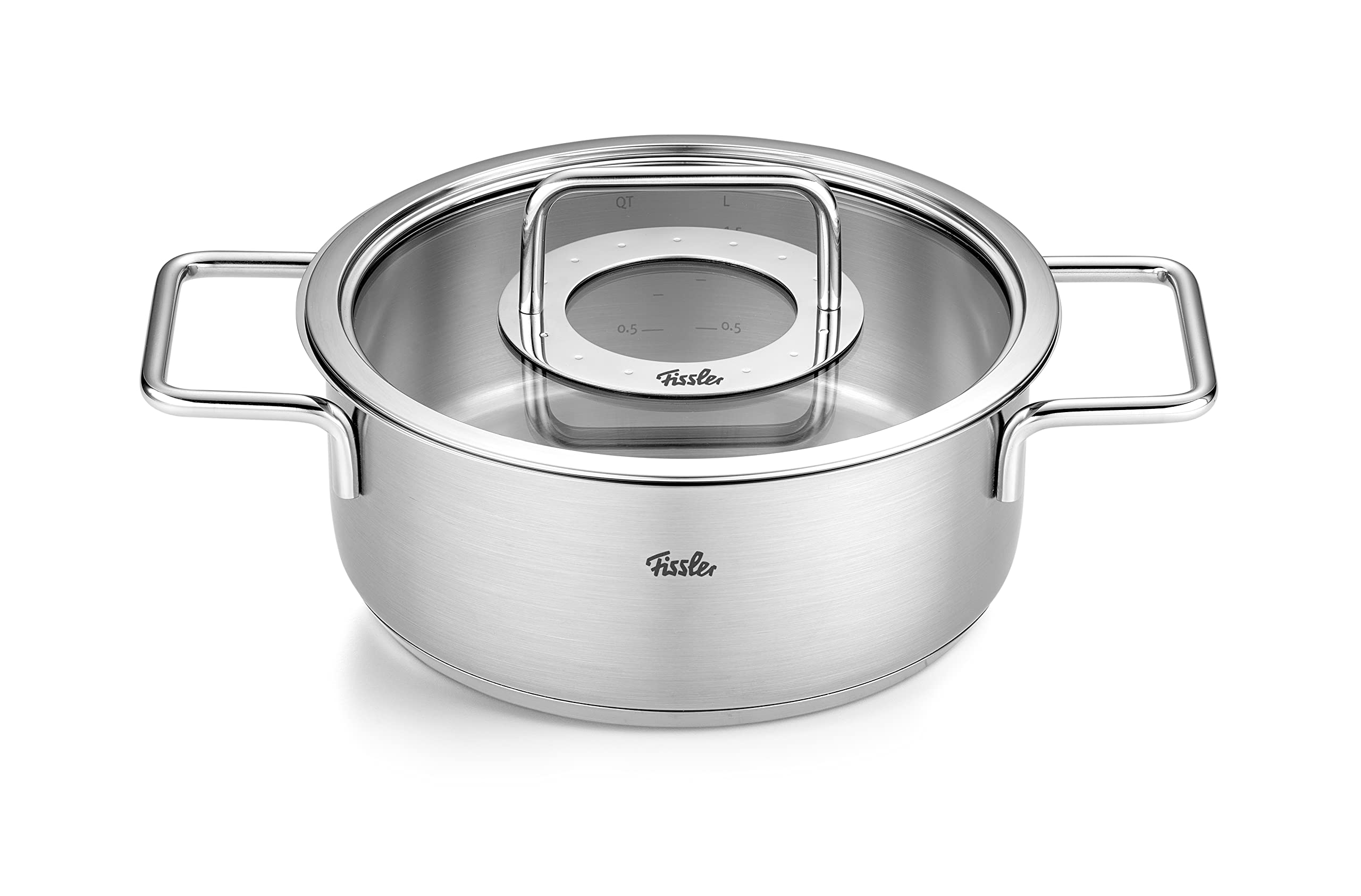Fissler Pure Collection Juego de Cacerolas de Acero Inoxidable, 4 Piezas, 3 Ollas, 1 Asadera, con Tapadera de Vidrio, Inducción