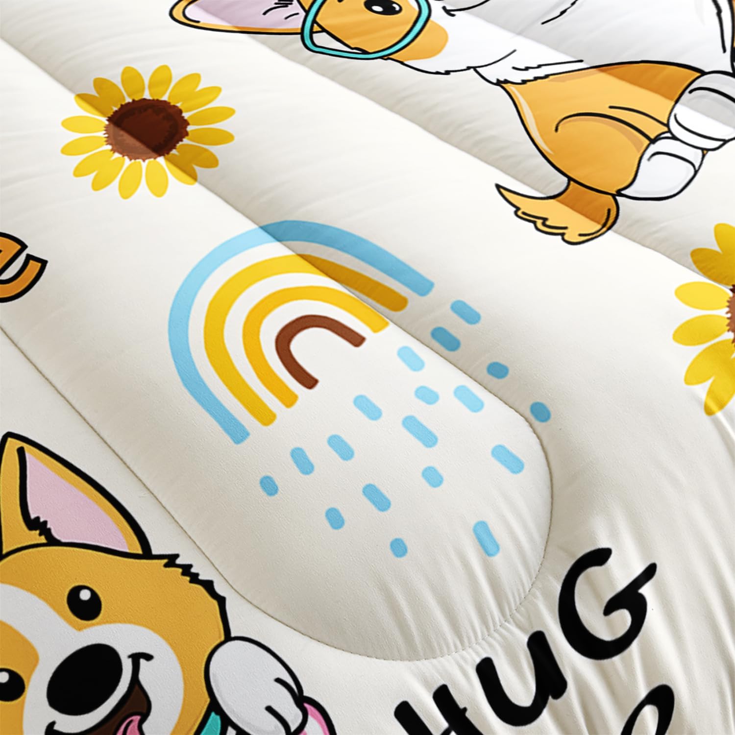 Kawaii Cartoon Corgi Dog Animal Themed Comforter 3Pcs Queen Yellow Sunflower Rainbow Bedding Set for Kid Teen Girl Boy Adult So Cute Pet Dog Quilt Bed Decor with 1 Comforter and 2 Pillowcases