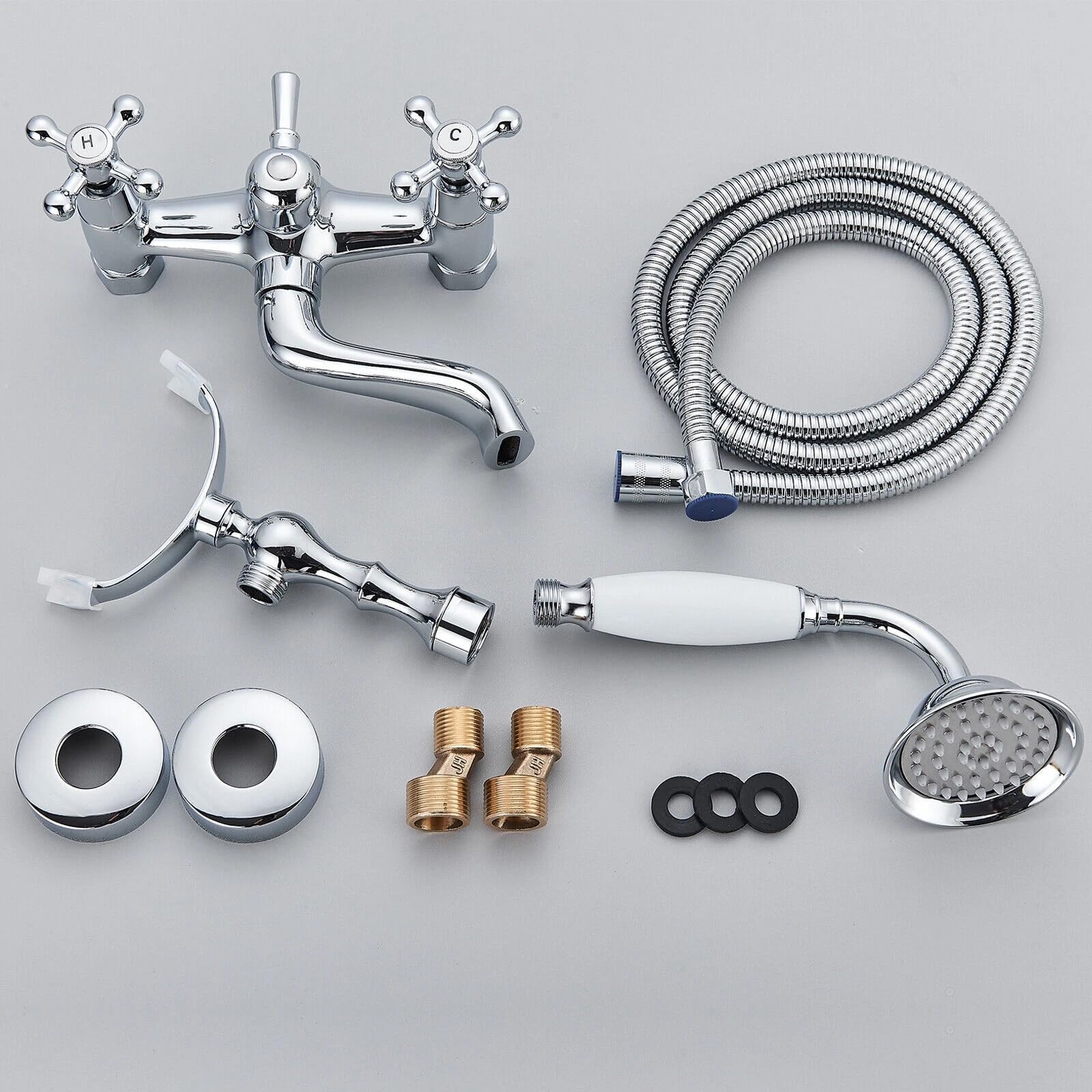 Retro Badewannenarmatur mit Handbrause, Chrom Wannenarmatur mit Brause Duschkopf, Duscharmatur Wasserhahn Badewanne Set für Bad Dusche, 1,5m Duschschlauch