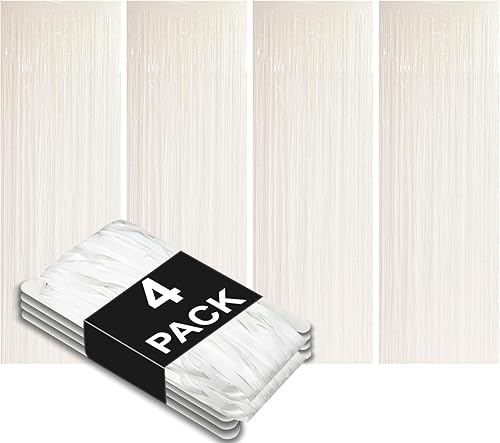 Allgala 4PK 3.3 x 9.8 pies (3.3 x 9.8 ft) cortinas de fondo de fotos de fiesta de oropel metálico para decoración de puerta con flecos, color blanco