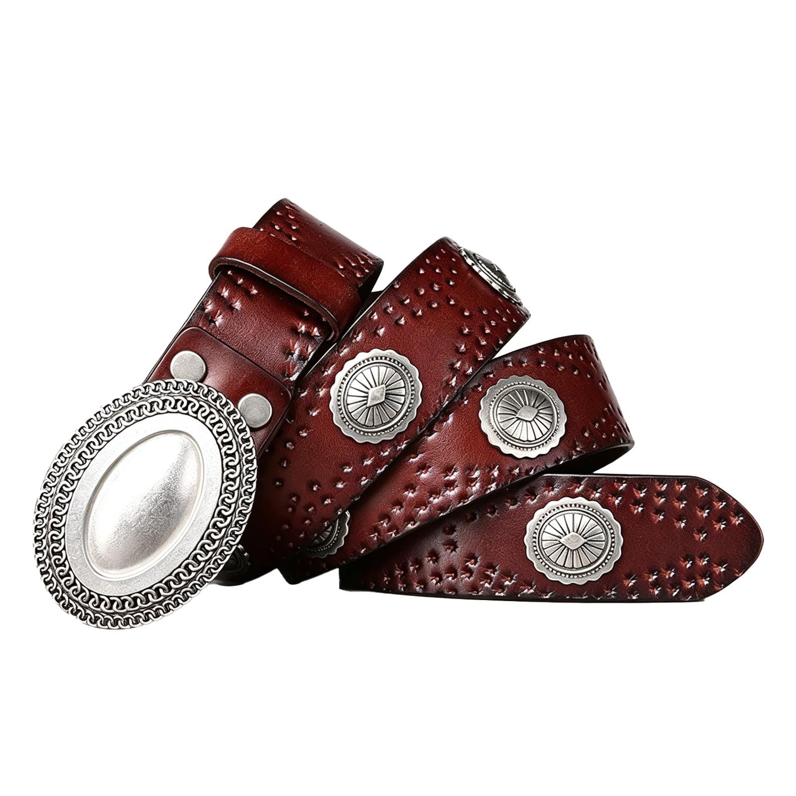 Cinturón Tachuelas Hombre Cuero, Cinturón Western Vaquero, Vintage | Cinturón Vintage Hombre Con Hebilla Western,Cinturón De Cuero Auténtico Bohemio Para Jeans,Pantalones,A brown,125CM/49.2''