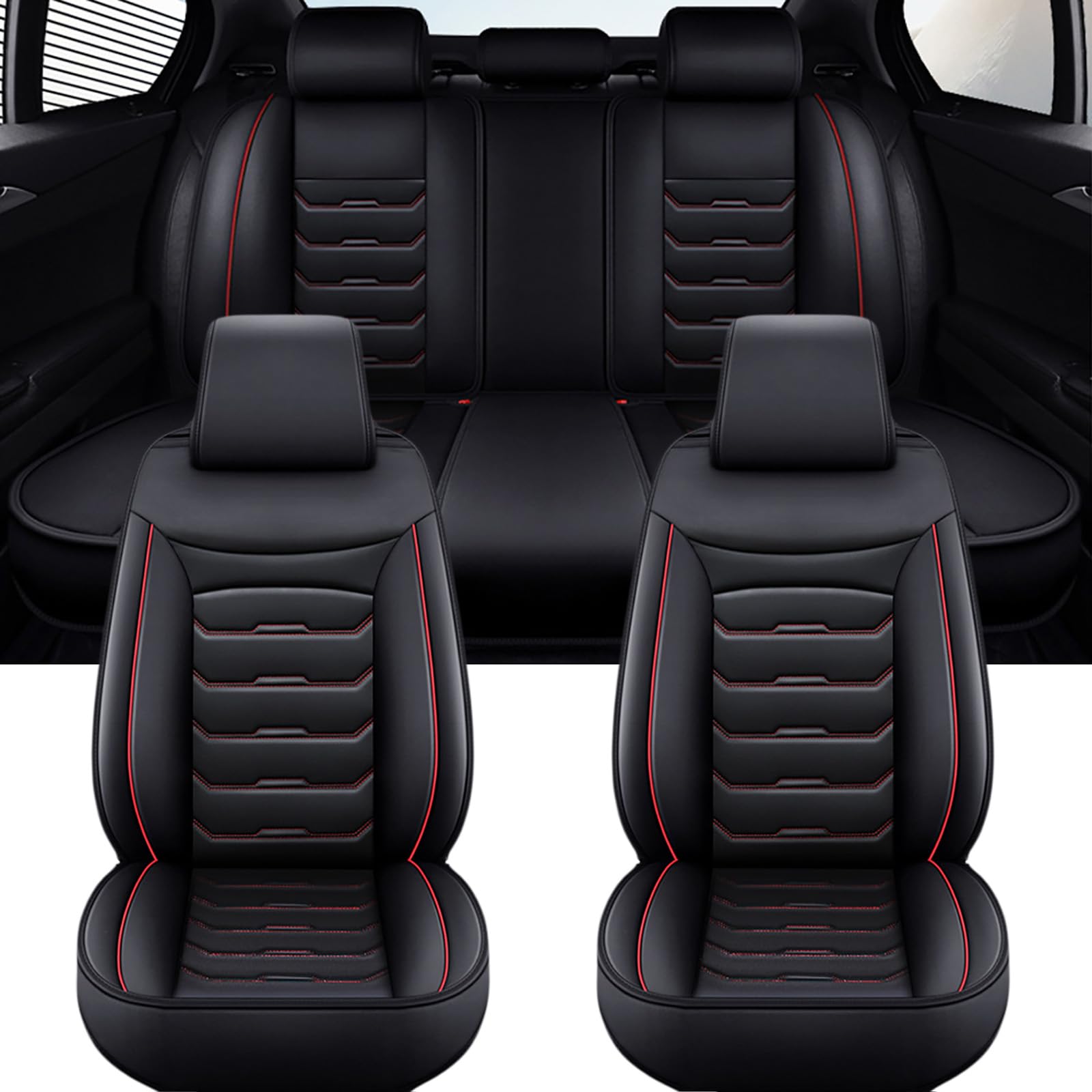 Autositzbezüge Für VW Amarok 2009-2024 2025 2026, Sitzbezüge Auto Atmungsaktiv & Wasserdicht，PU Leder, Universell，Verschleißfest，Neues Modell(Black red)