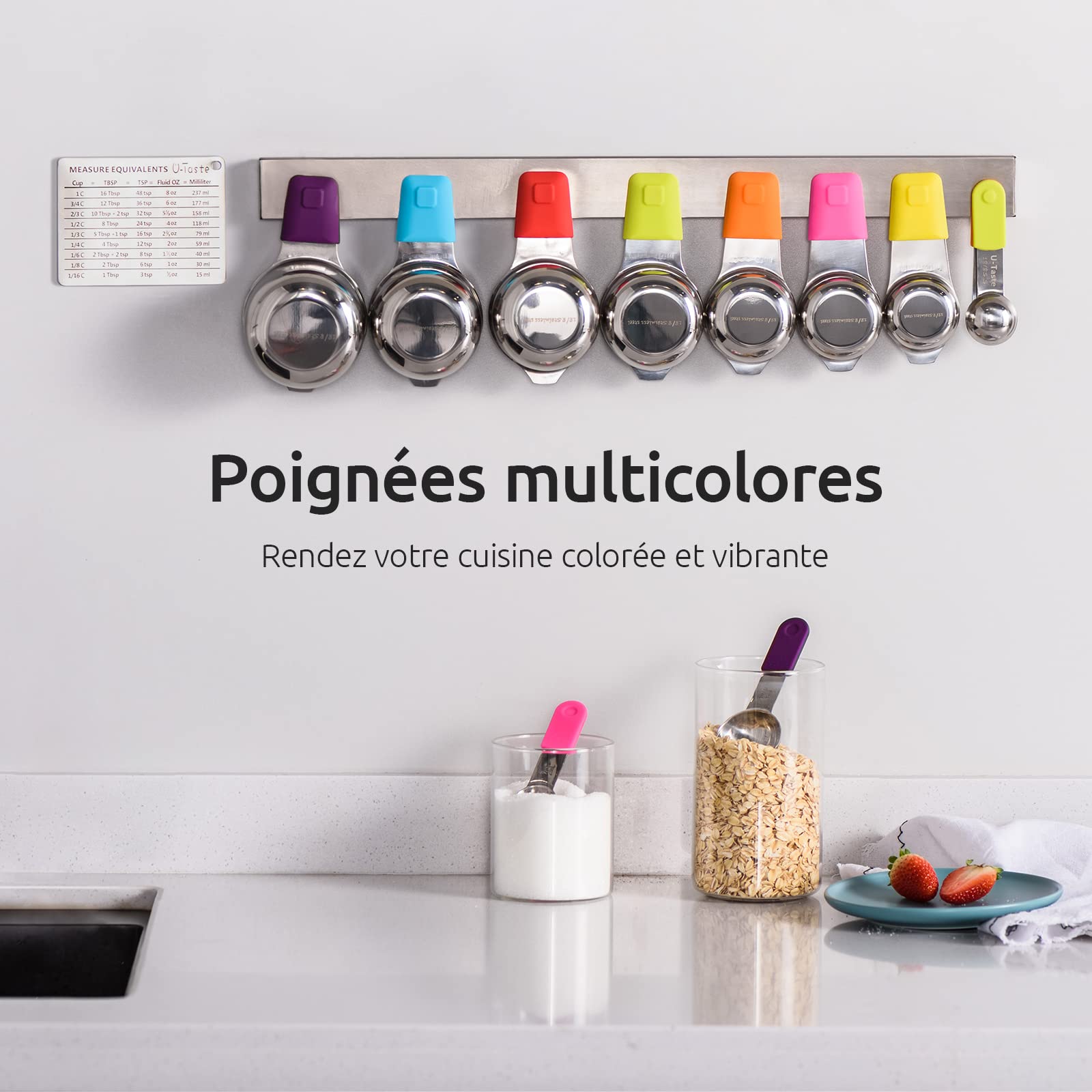 U-Taste Lot de 13 Tasses et Cuillères à Mesurer Magnétiques, Couleur | Ustensiles de mesure en métal pour la cuisine et la pâtisserie (ingrédients secs et liquides)