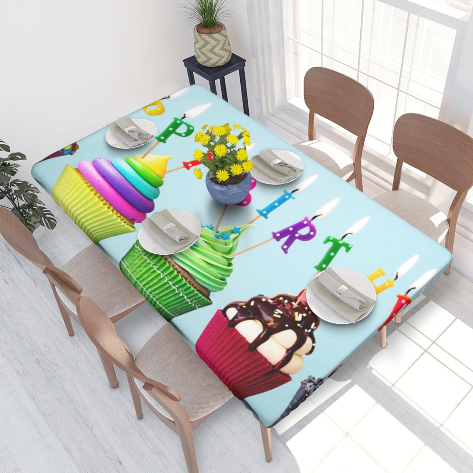 BNVSADC Colorful Happy Birthday Cupcakes Printed 4FT Tablecloth 122x76 CM Polyester Kitchen Water Resistant Table Cloth Dining Table Decoration Table Covers