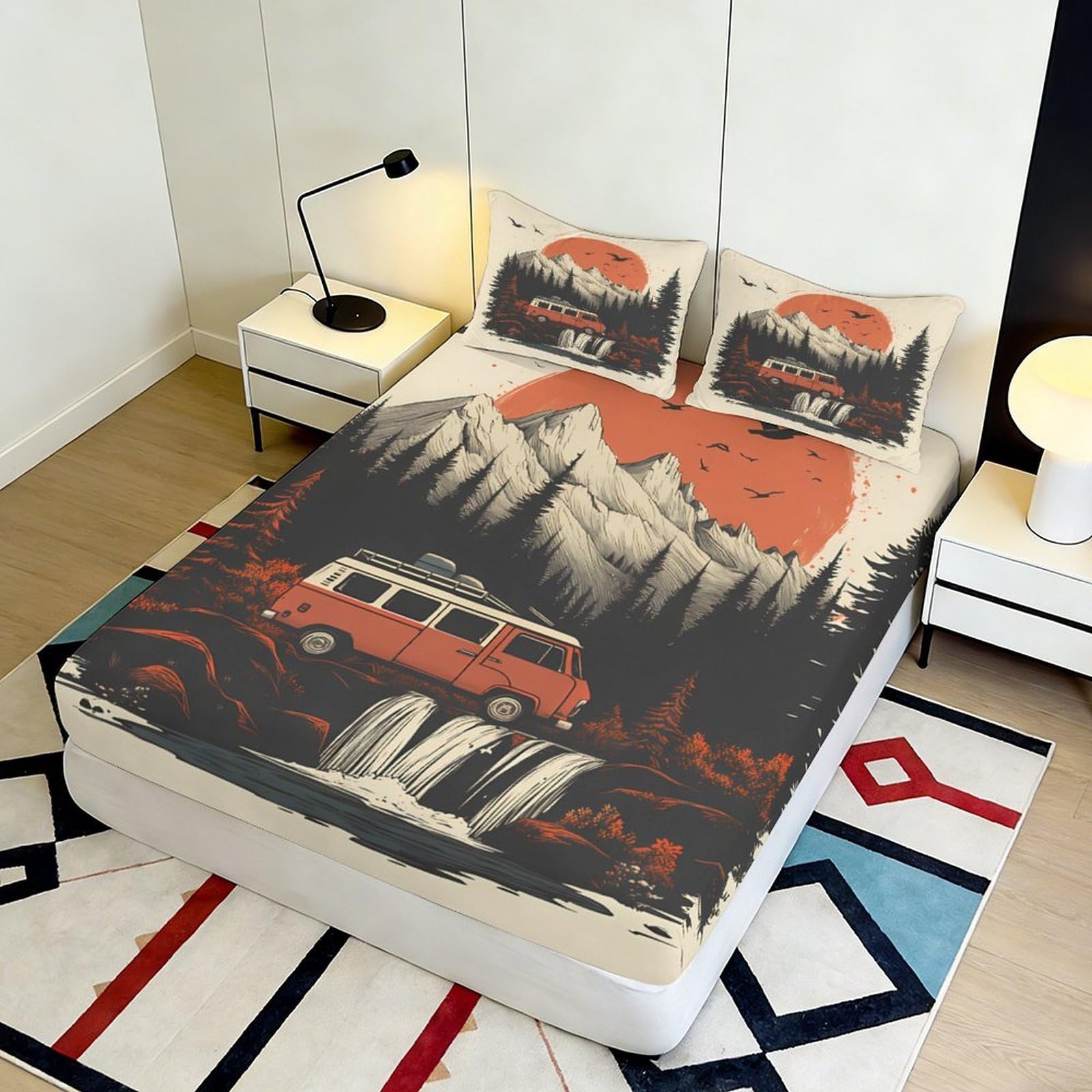 Lenzuolo con angoli, con stampa 3D, motivo camper di montagna, in microfibra, antiscivolo