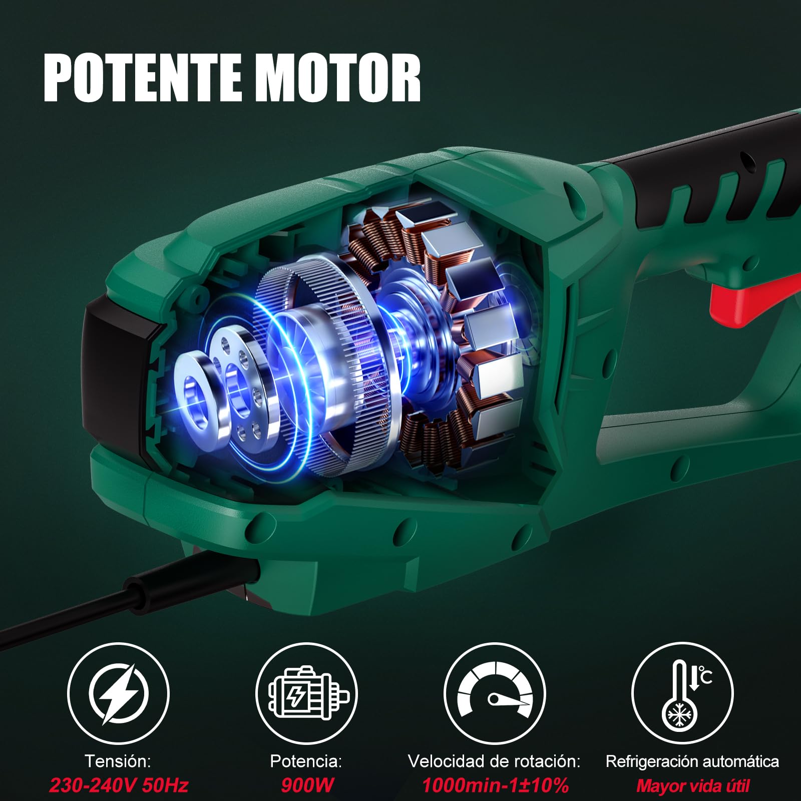 HYCHIKA Cortasetos Electrico Telescopico 900W, Cortasetos Telescopico, Extensible 200-250 cm, Cabezal Pivotante +90°~-45°, Doble Interruptor y Doble Asa, para Podar Césped, Arbustos y Setos