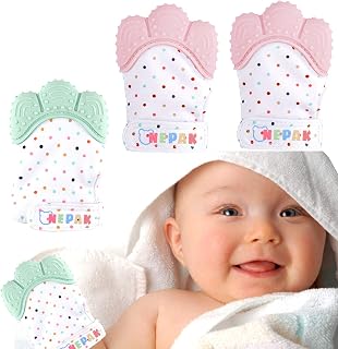 NEPAK 4 Pcs Soothing Teething Mitten,Silicone Teething Mitt,Stimulating Teether Toy,Self Soothing Pain Relief,for 3-6 Months Baby (Mint Colours and Pink)