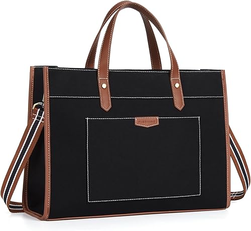 Missnine Bolsa de lona para laptop de 15.6 pulgadas, bolsa de hombro de trabajo, maletín casual para viajes, oficina, universidad (negro + marrón),
